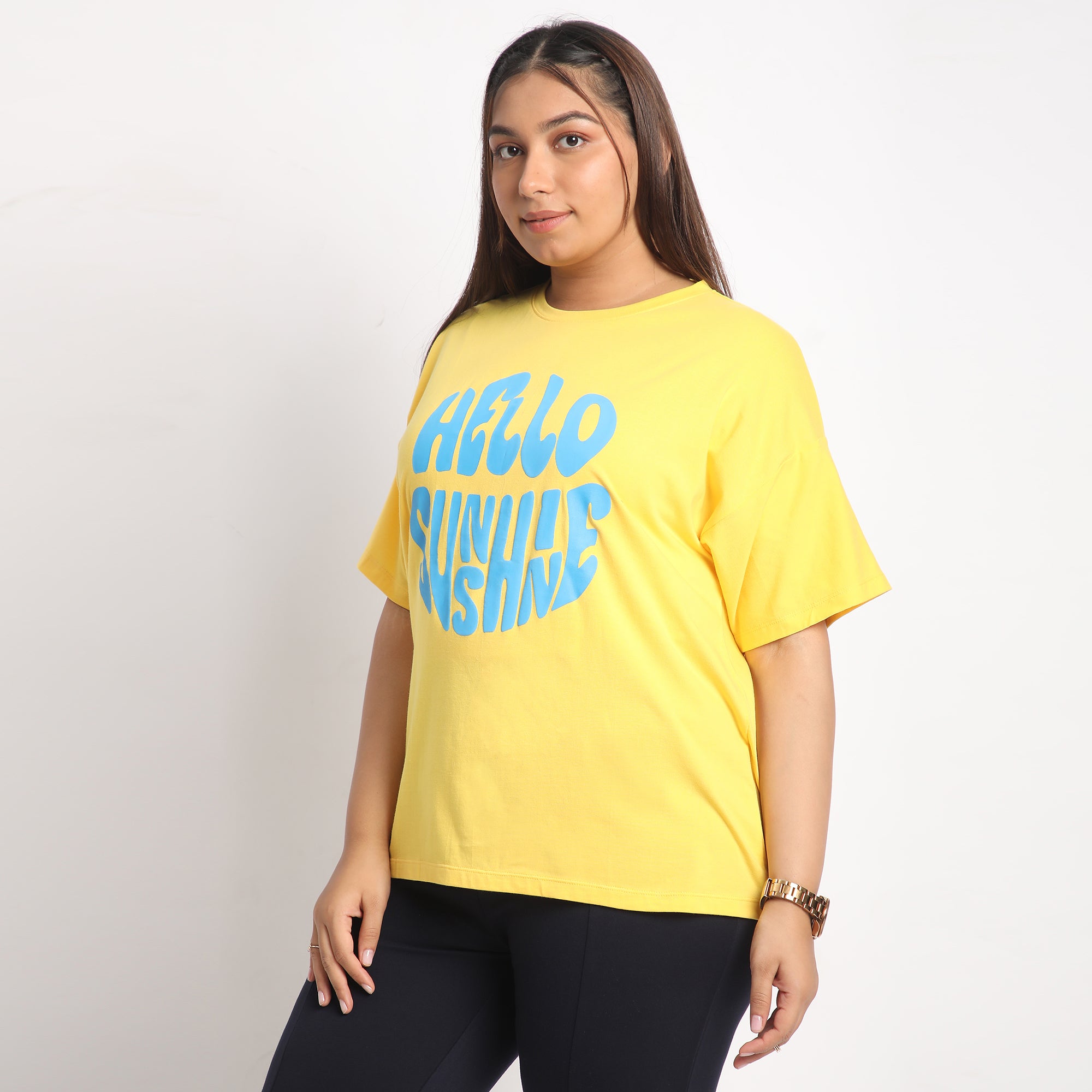 Yellow Sun shine Plus Size Chest Print Cotton Tee