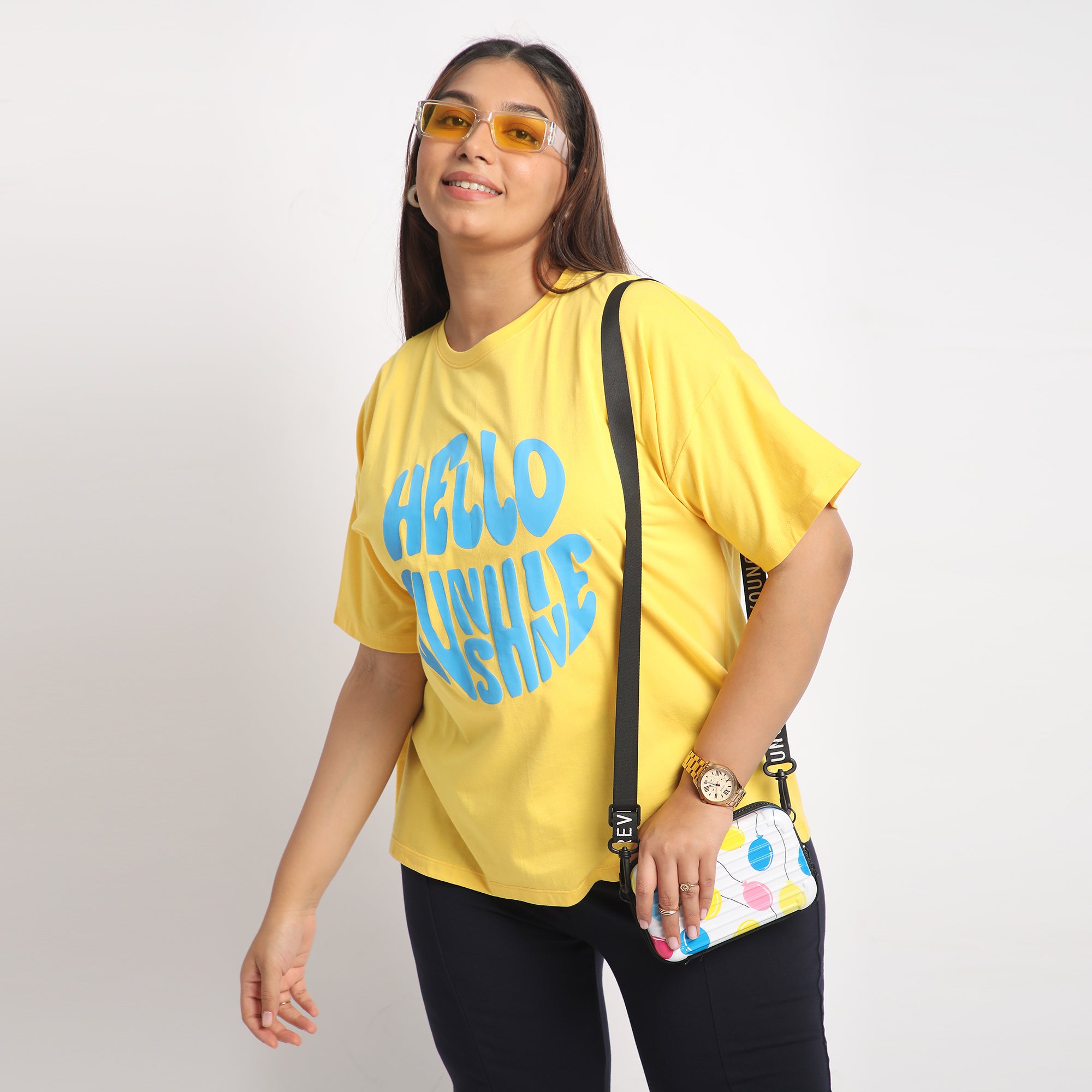 Yellow Sun shine Plus Size Chest Print Cotton Tee