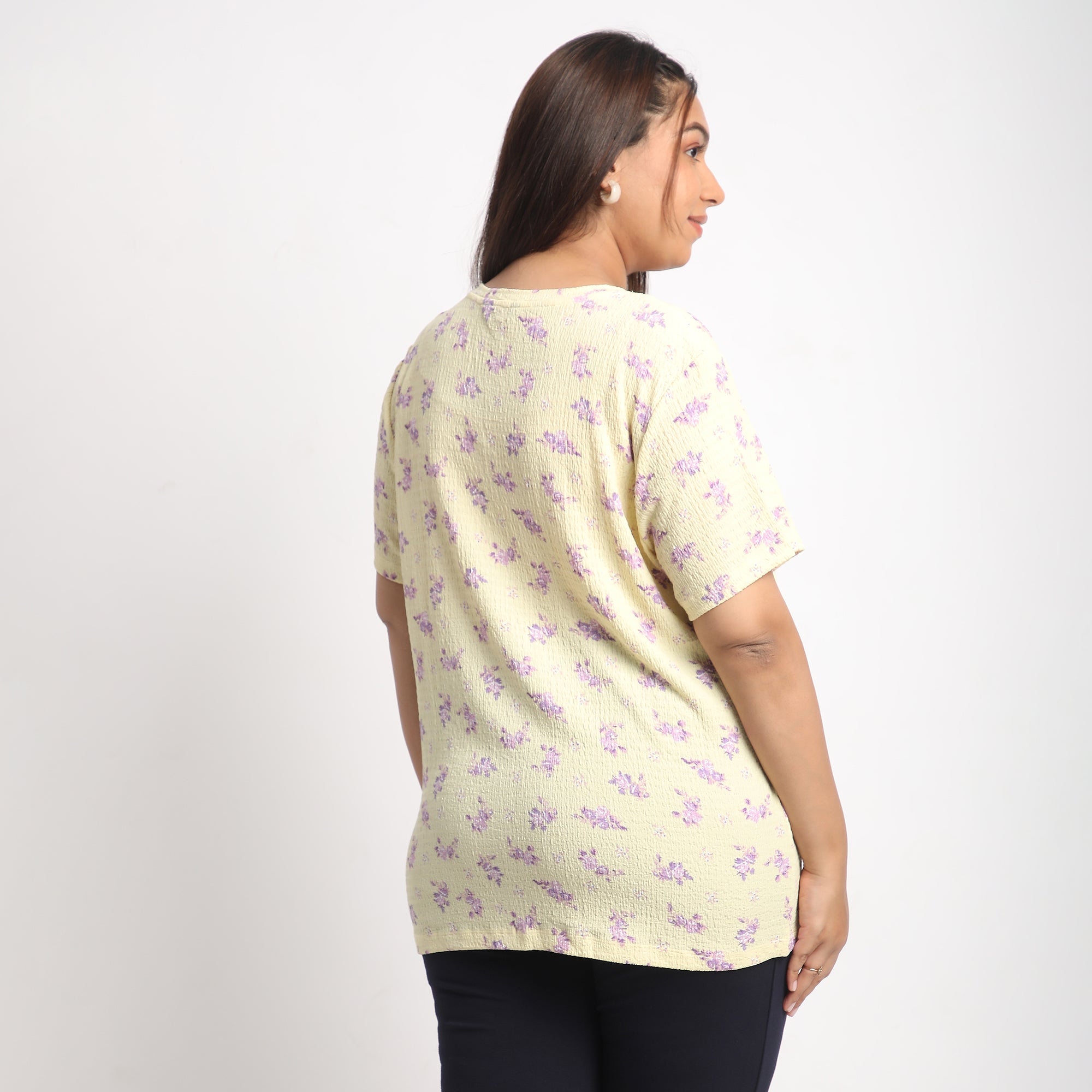 Yellow Floral Plus Size Textured Knit Top