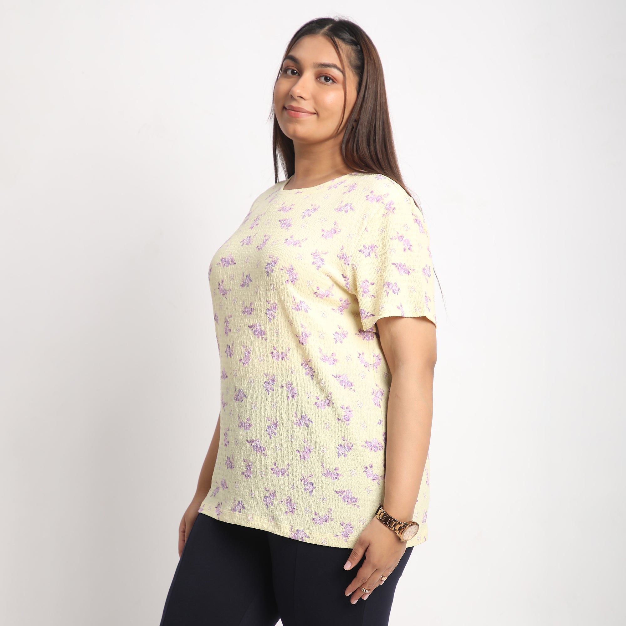 Yellow Floral Plus Size Textured Knit Top