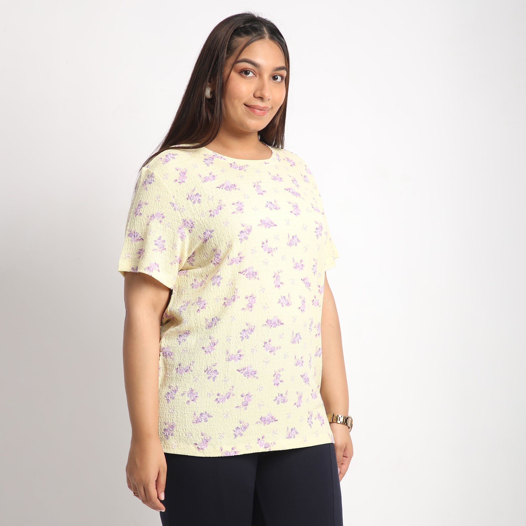 Yellow Floral Plus Size Textured Knit Top