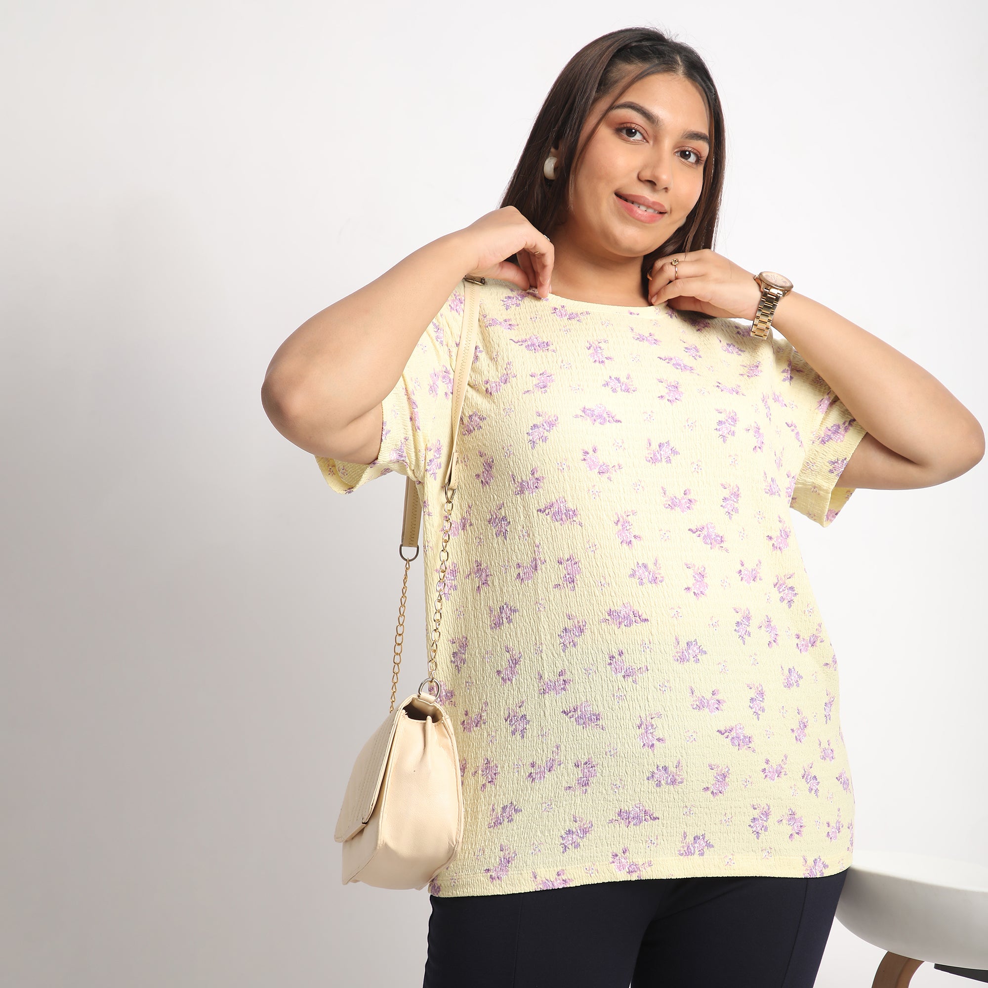 Yellow Floral Plus Size Textured Knit Top