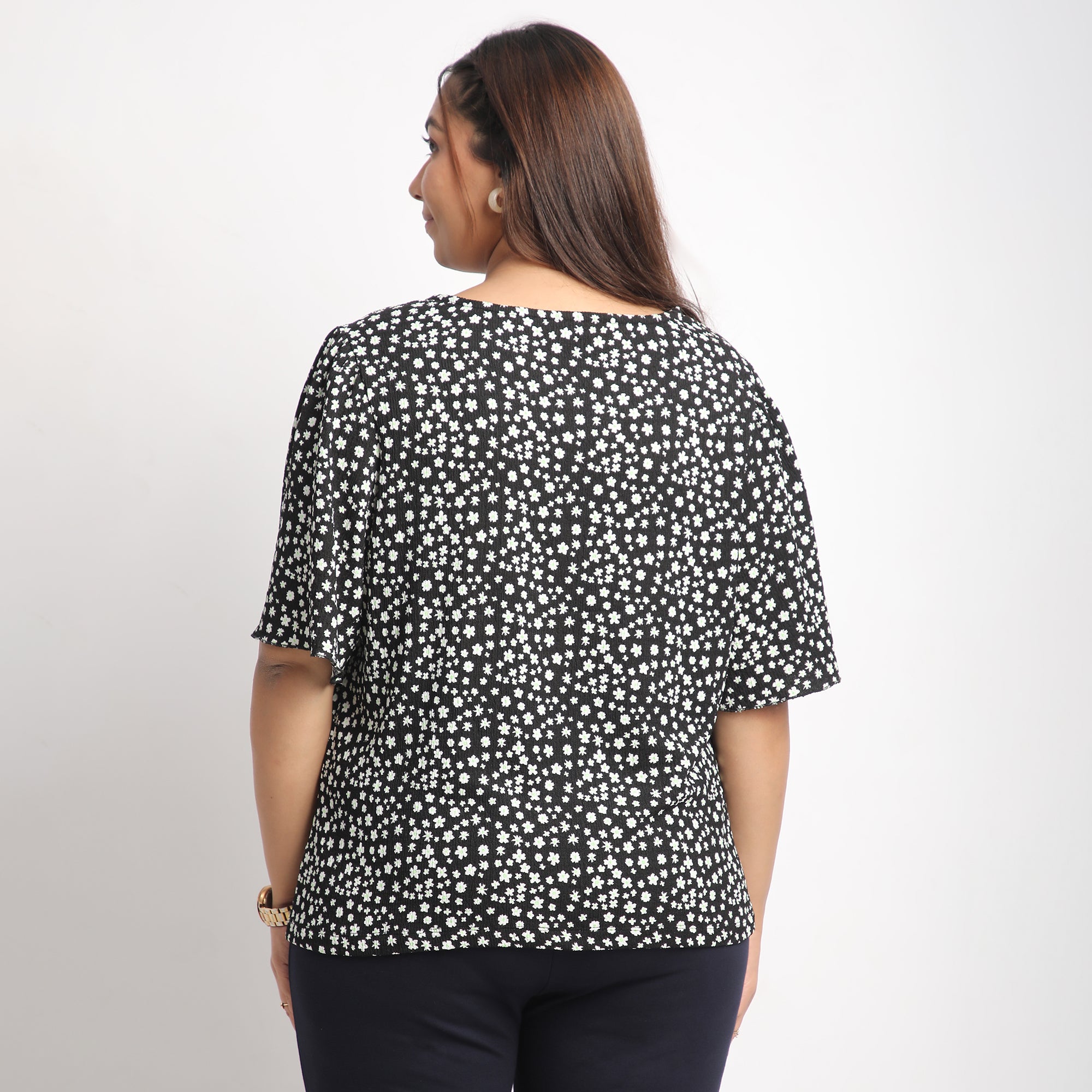 Black Floral Plus Size Bell Sleeves Textured Top