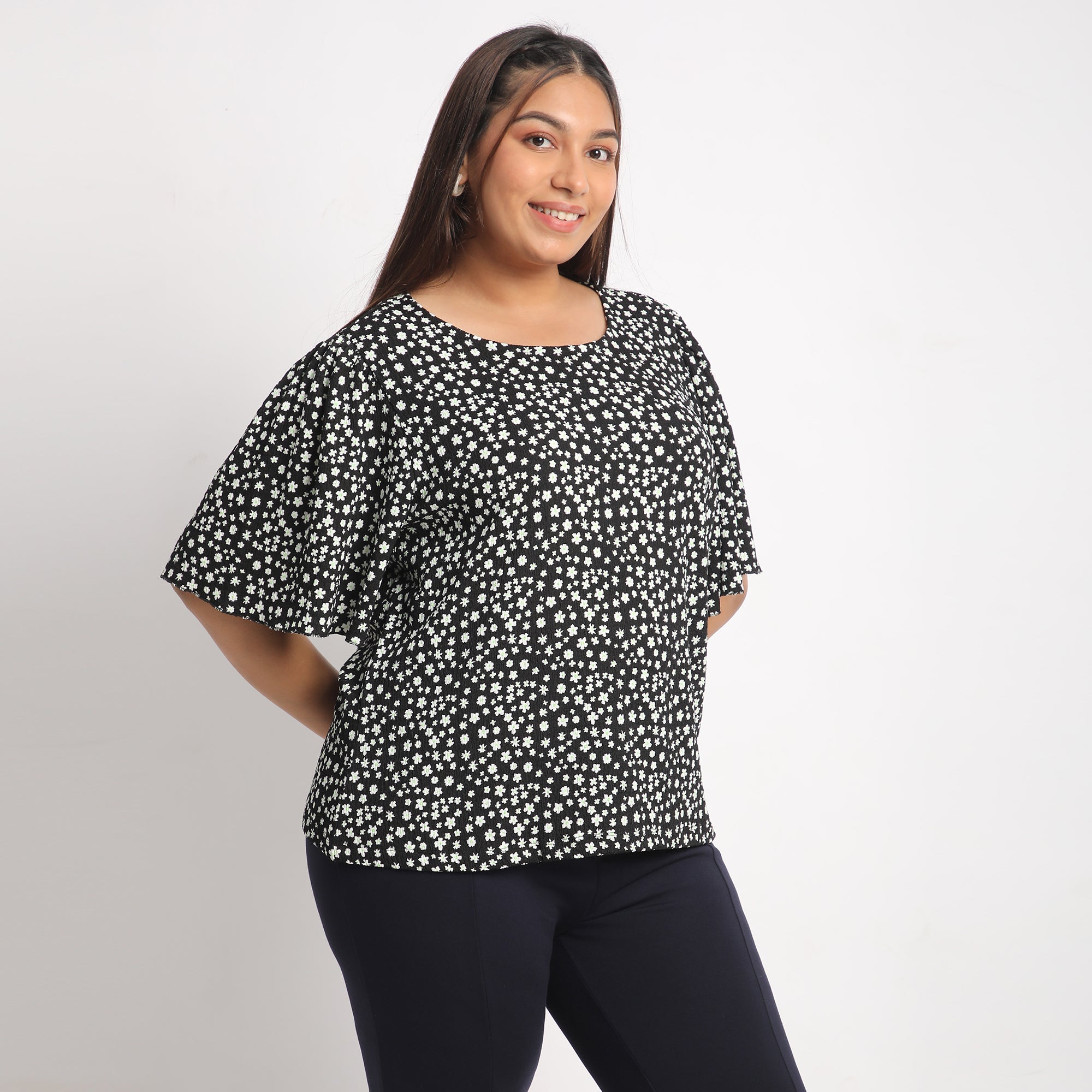 Black Floral Plus Size Bell Sleeves Textured Top