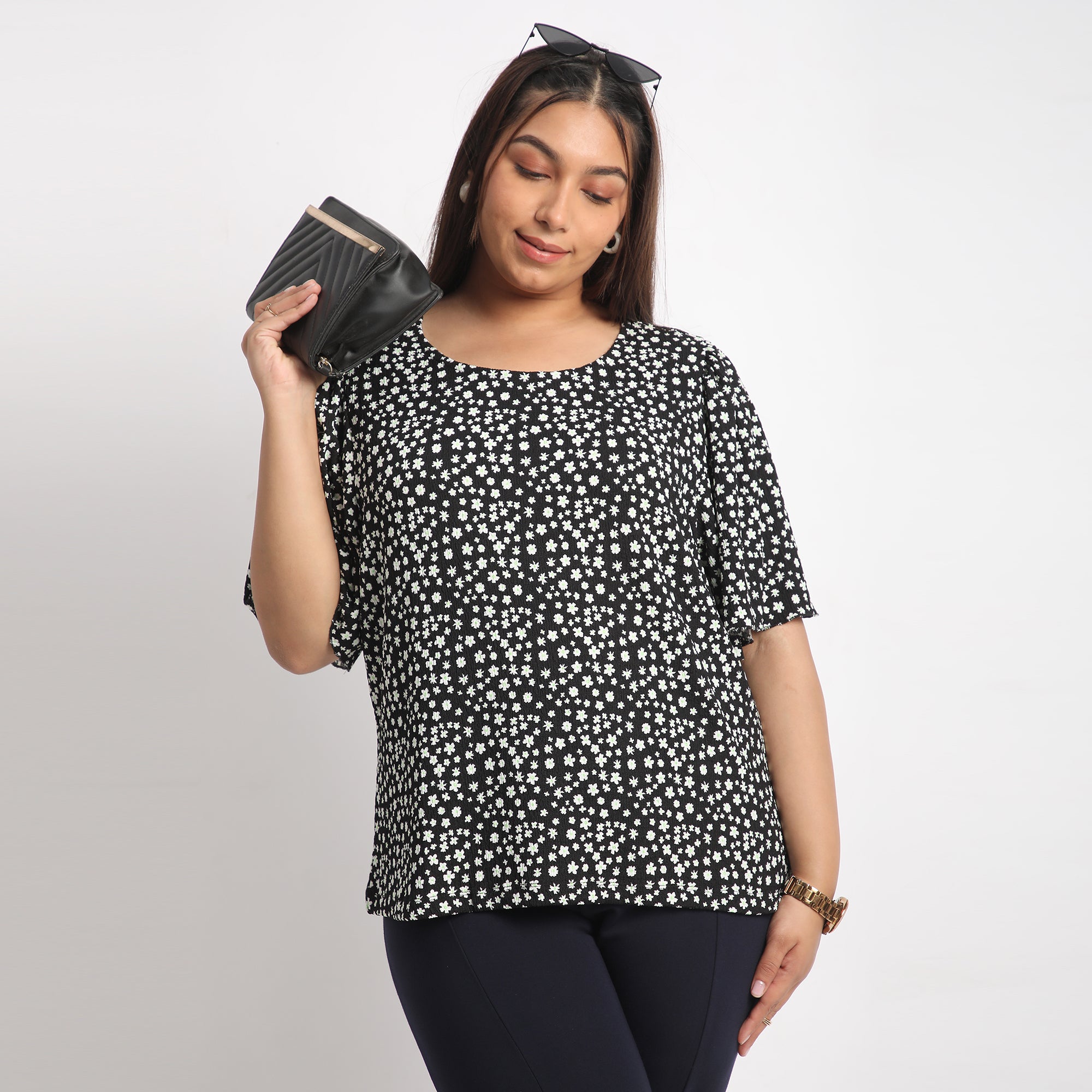 Black Floral Plus Size Bell Sleeves Textured Top