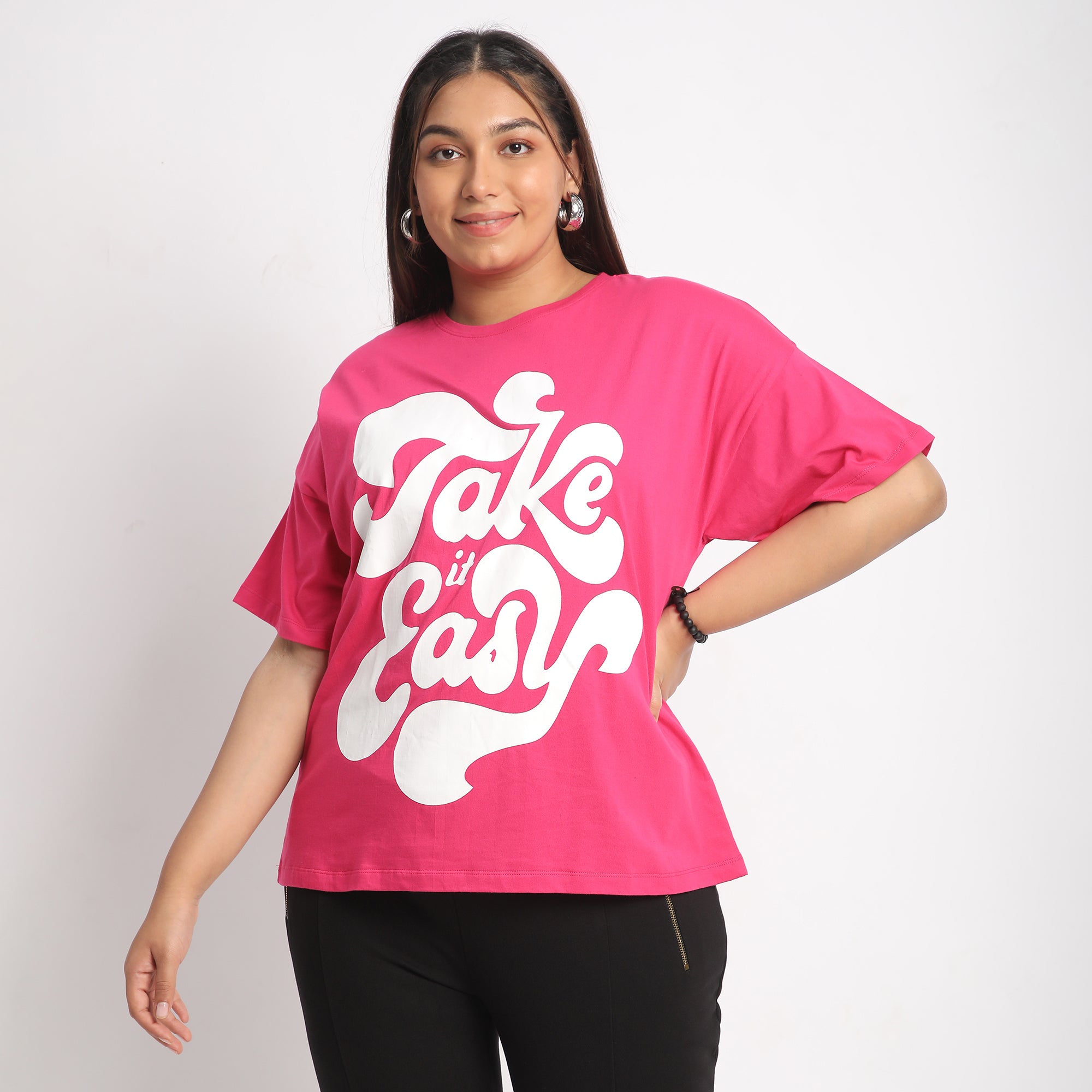 Fushia TakeIt Plus Size Chest Print Cotton Tee