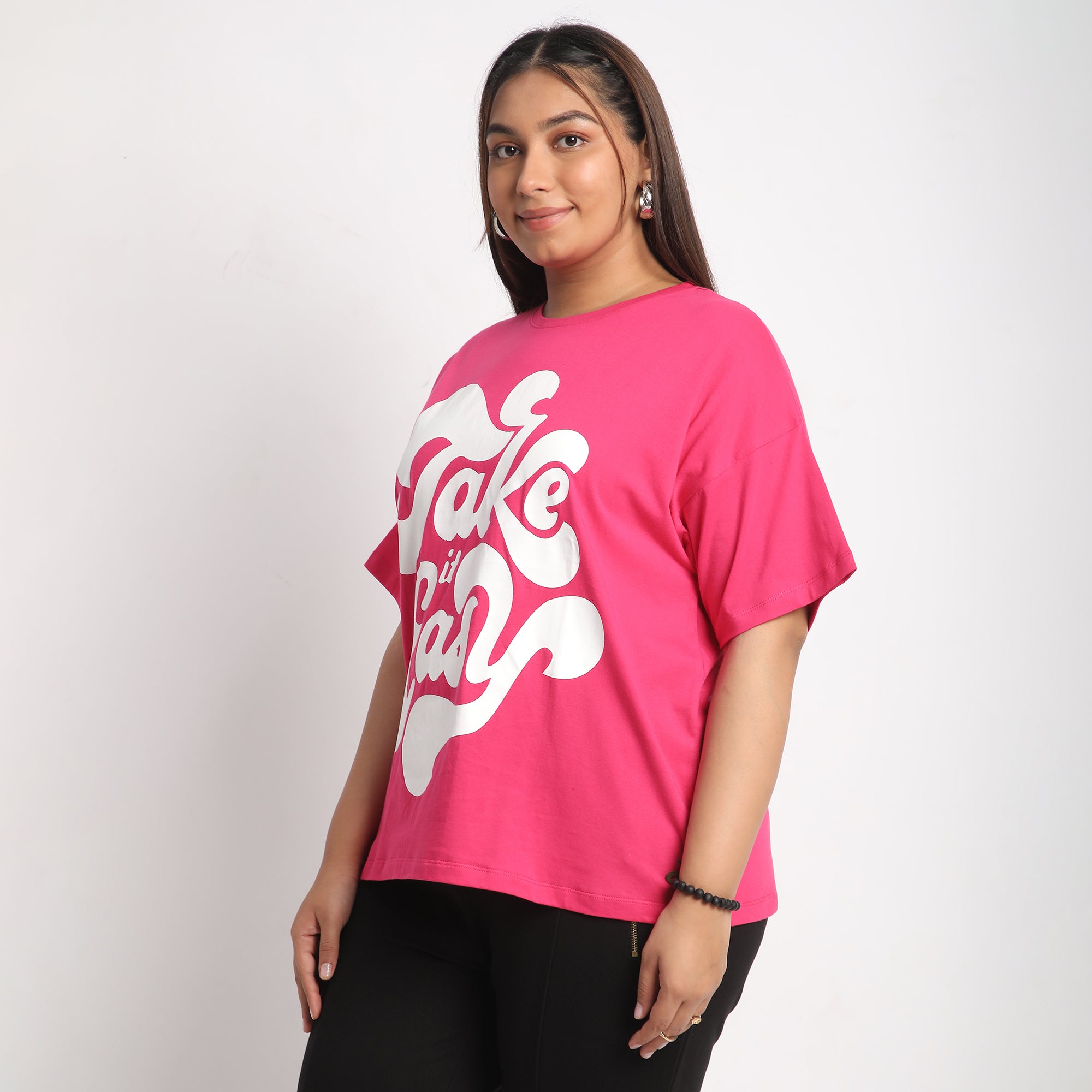 Fushia TakeIt Plus Size Chest Print Cotton Tee