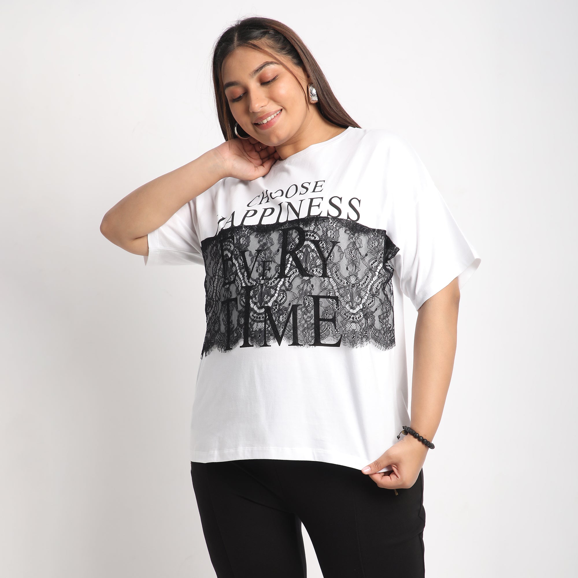 White Lace Happiness Plus Size Chest Print Cotton Tee