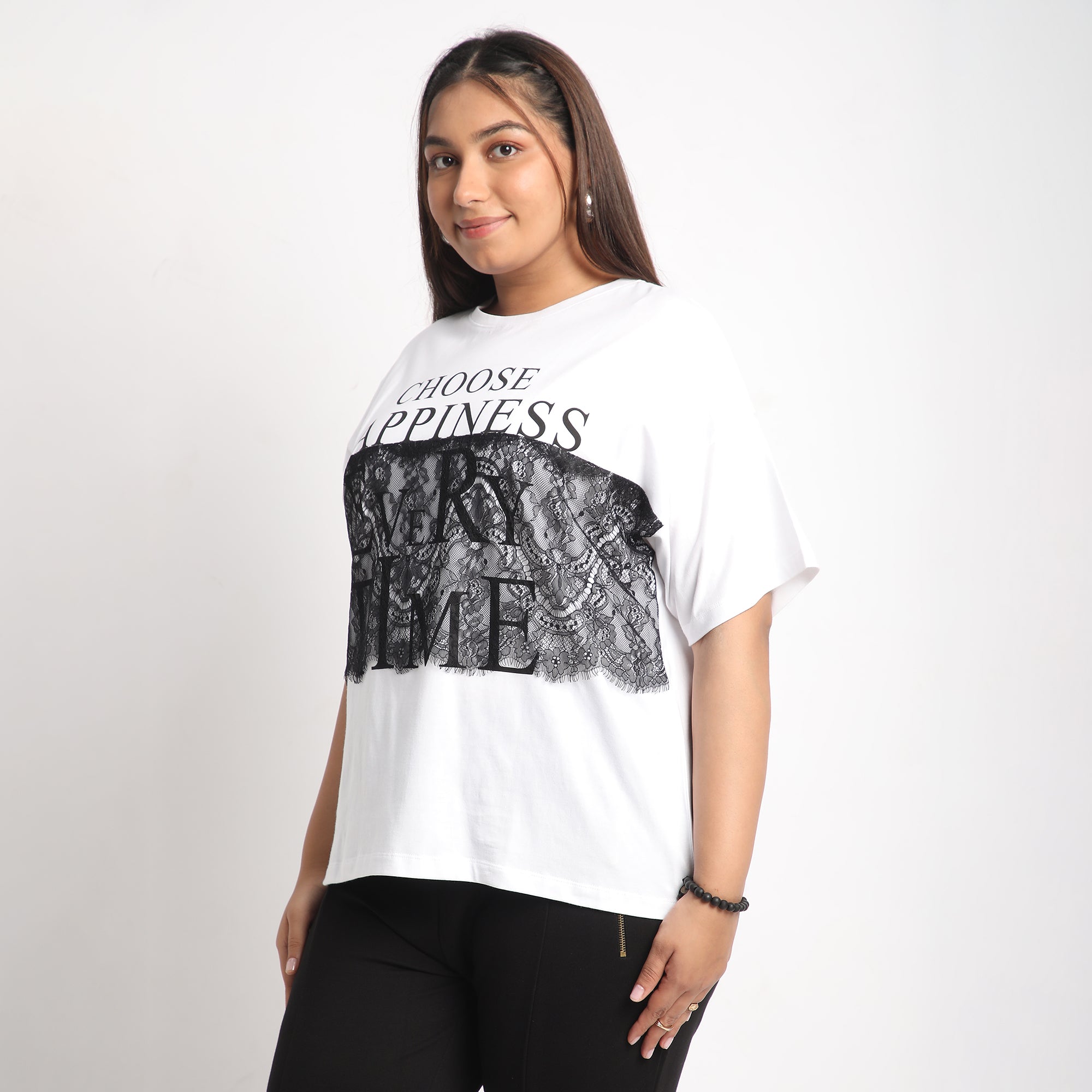 White Lace Happiness Plus Size Chest Print Cotton Tee