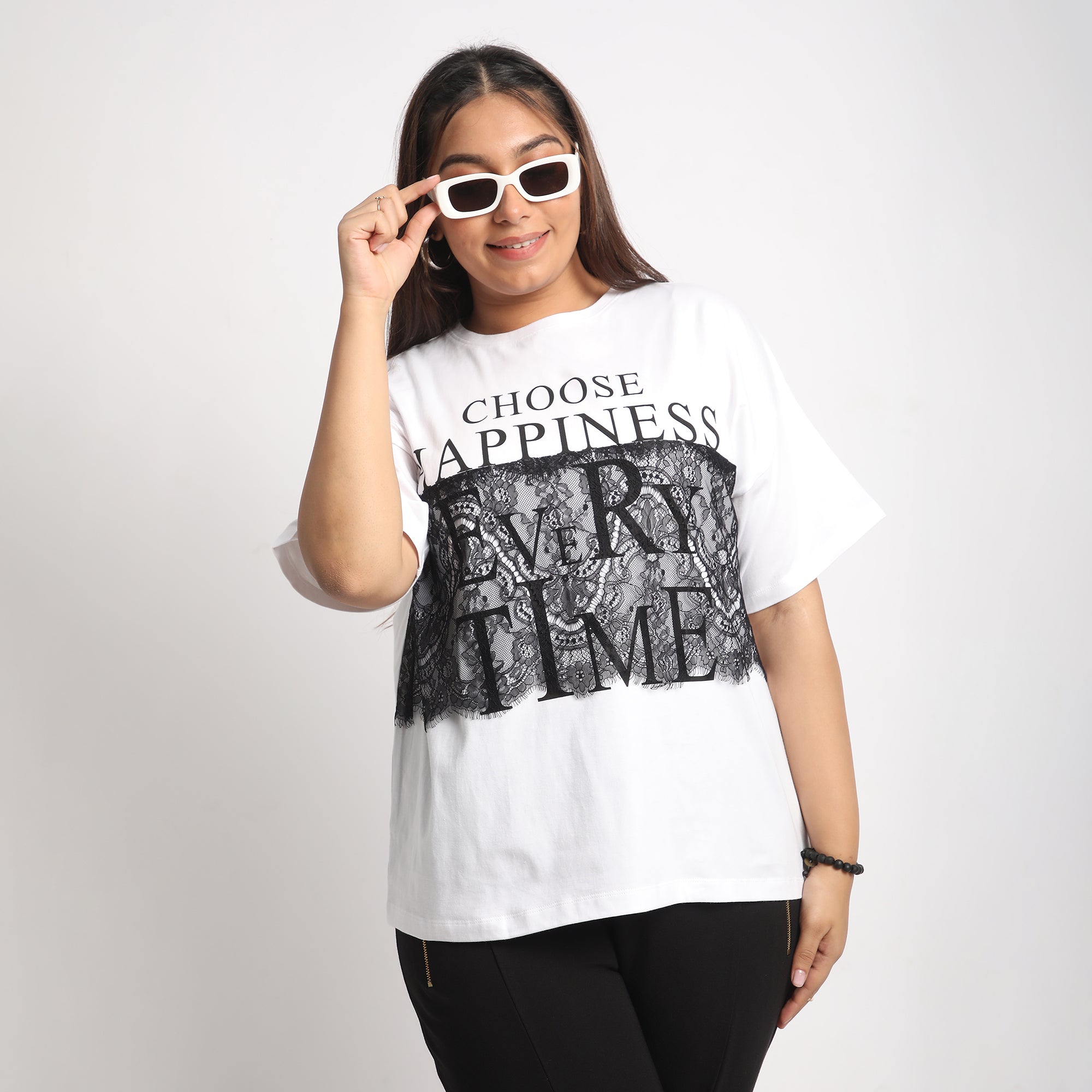 White Lace Happiness Plus Size Chest Print Cotton Tee