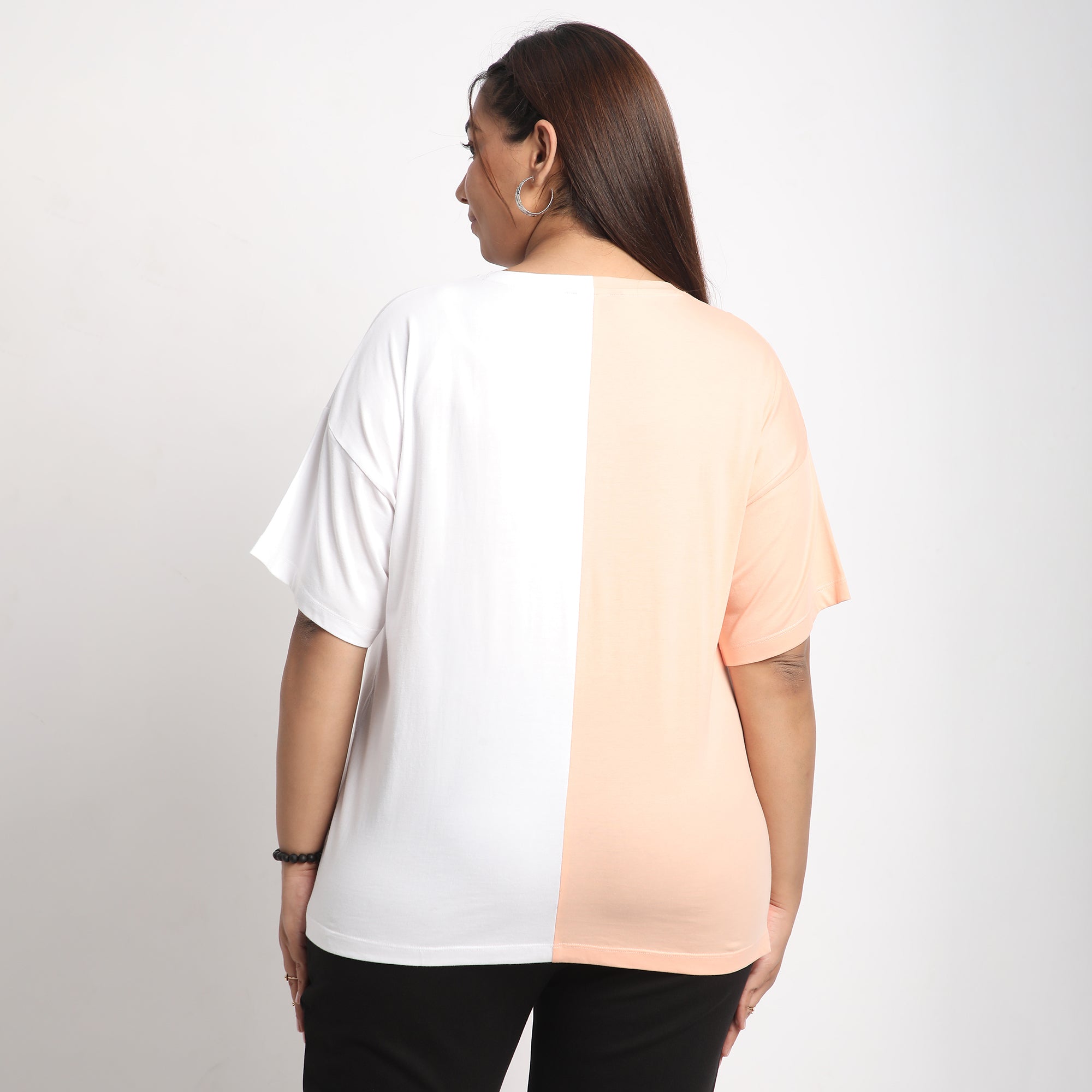 Peach and White Color Block Plus Size Chest Print Cotton Tee