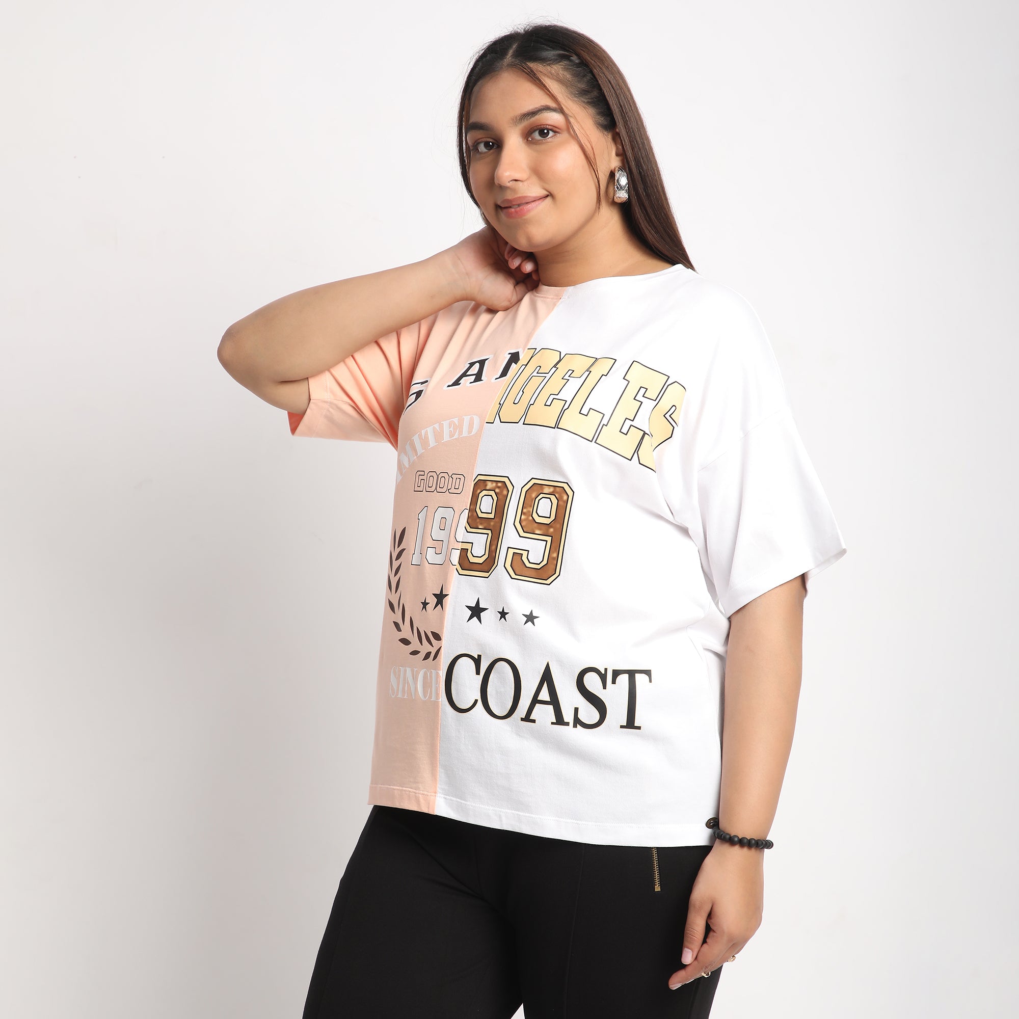 Peach and White Color Block Plus Size Chest Print Cotton Tee