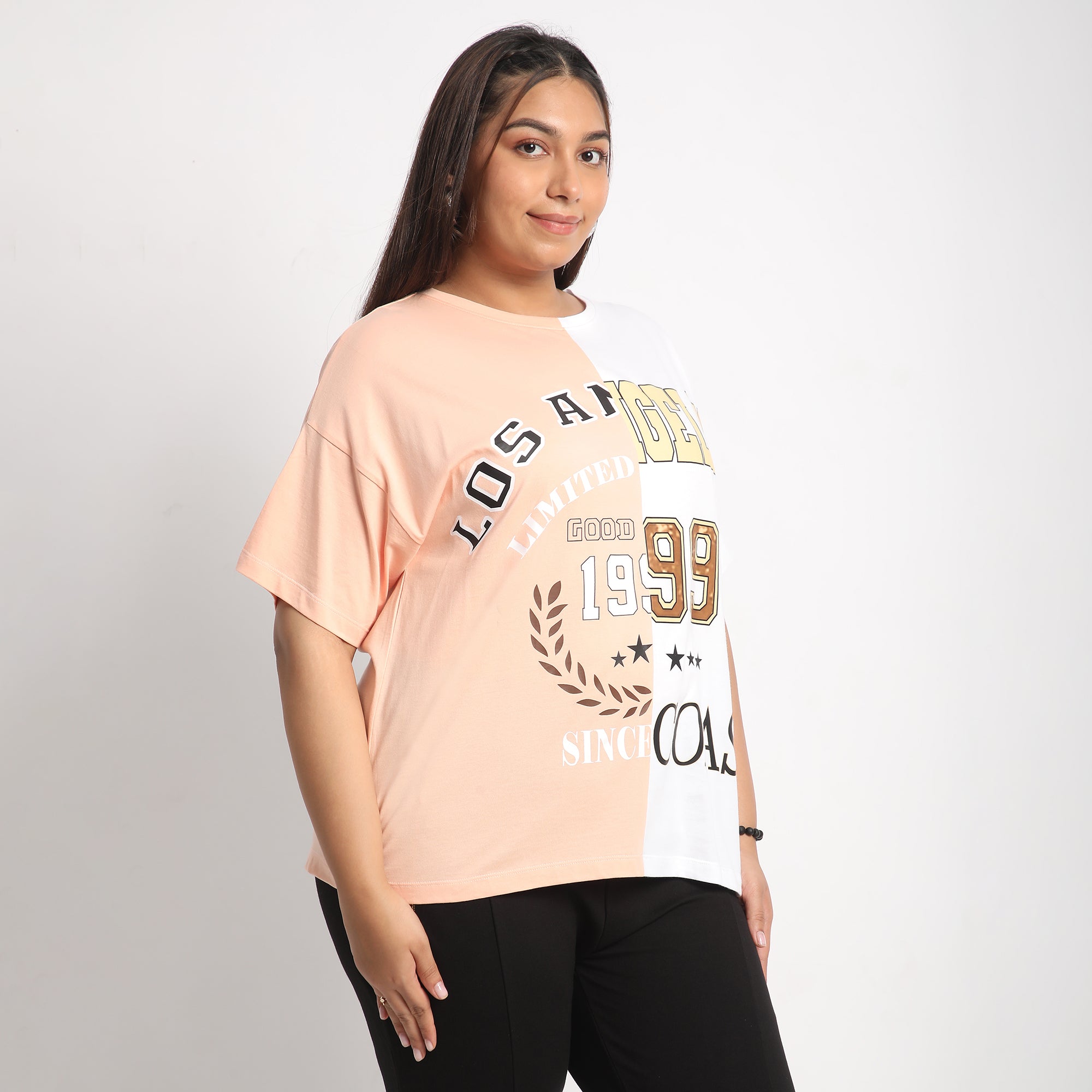 Peach and White Color Block Plus Size Chest Print Cotton Tee