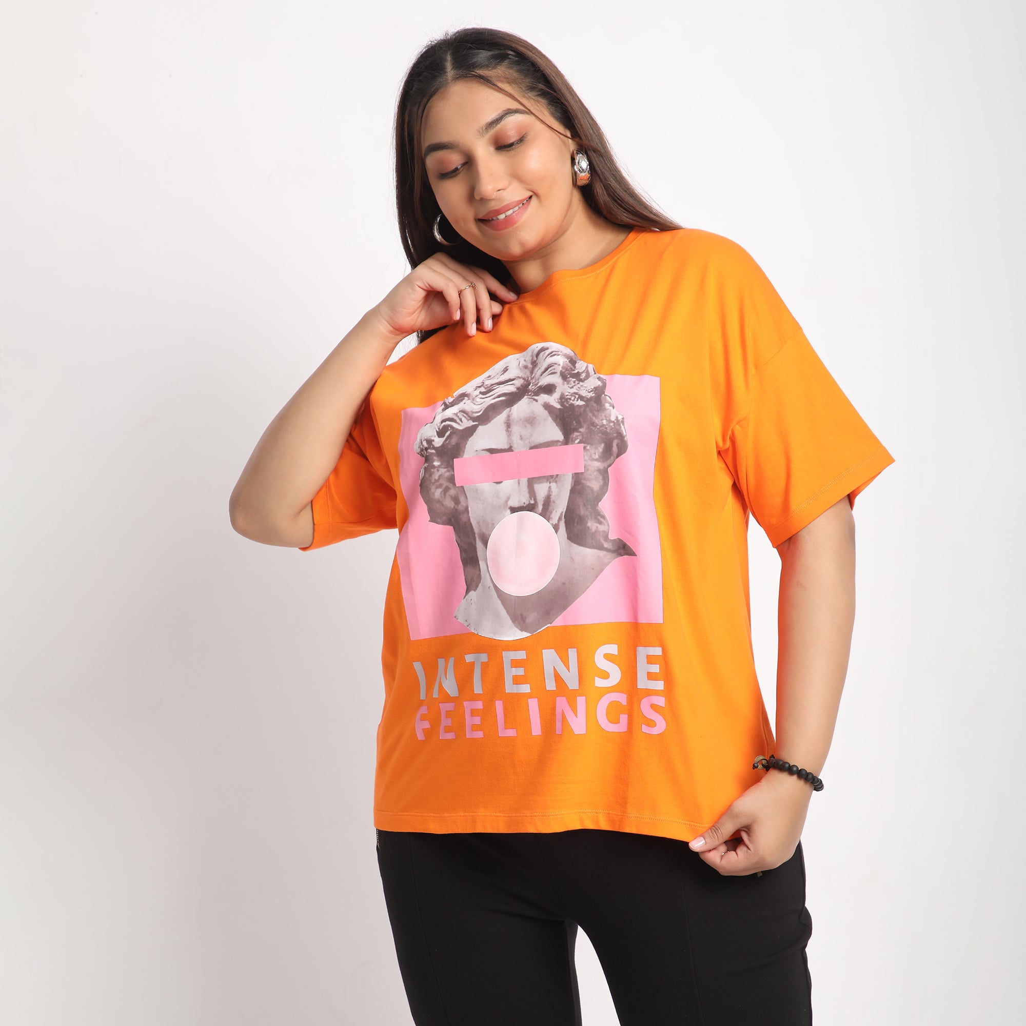 Orange Intense Plus Size Chest Print Cotton Tee