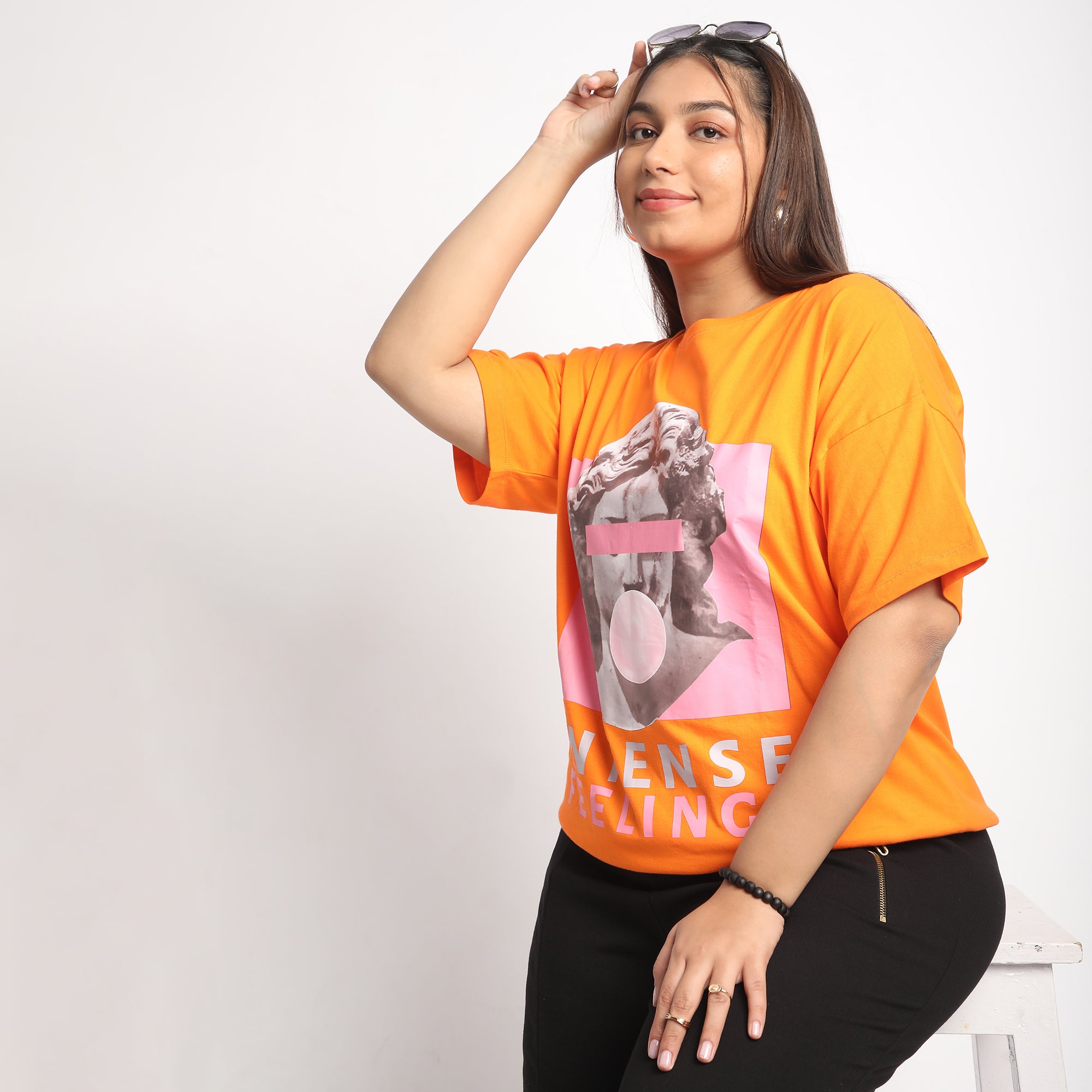 Orange Intense Plus Size Chest Print Cotton Tee