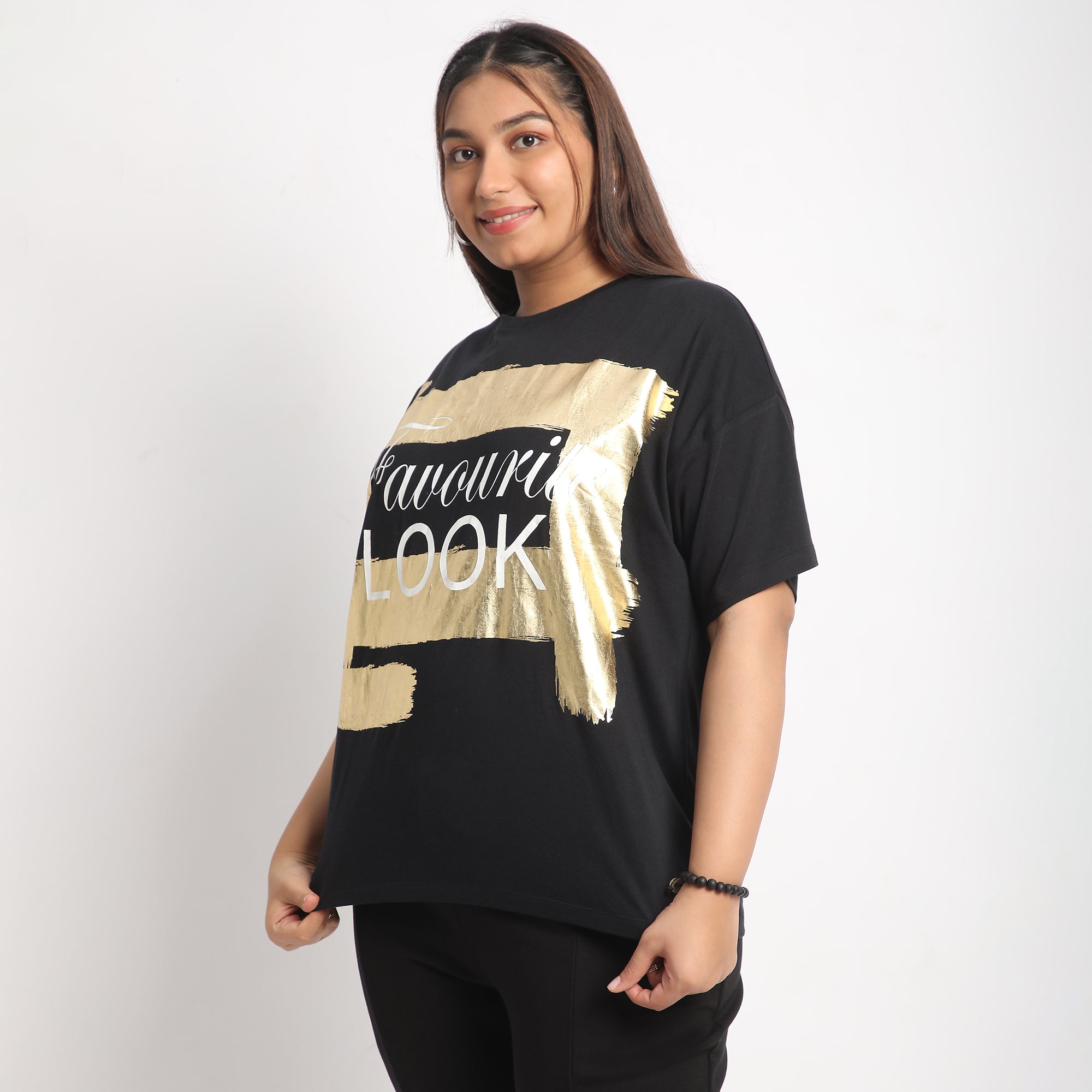 Black Foil Favourite Plus Size Chest Print Cotton Tee