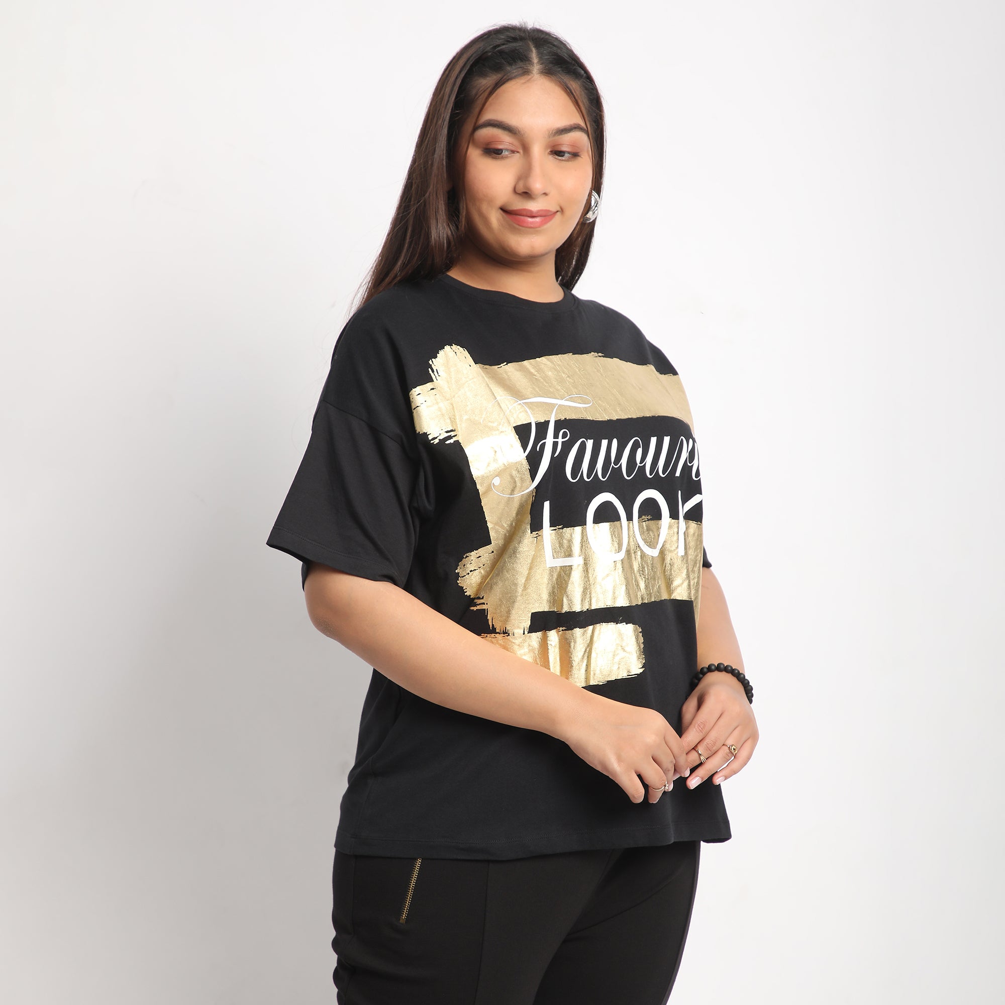 Black Foil Favourite Plus Size Chest Print Cotton Tee