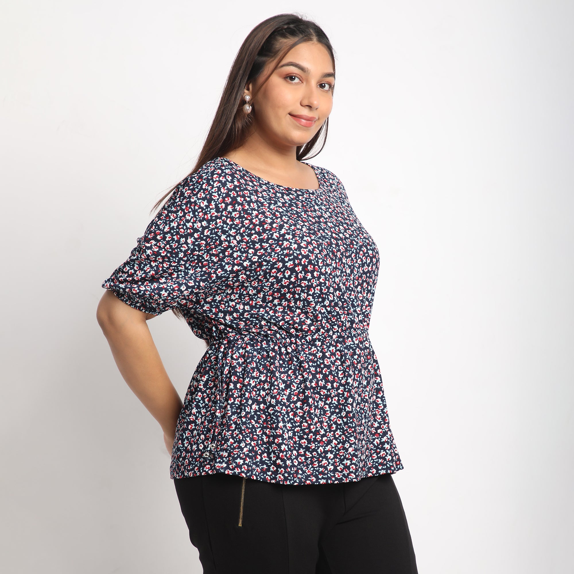 Navy Ditsy Floral Textured Knit Plus Size Peplum Top with Drawstrings