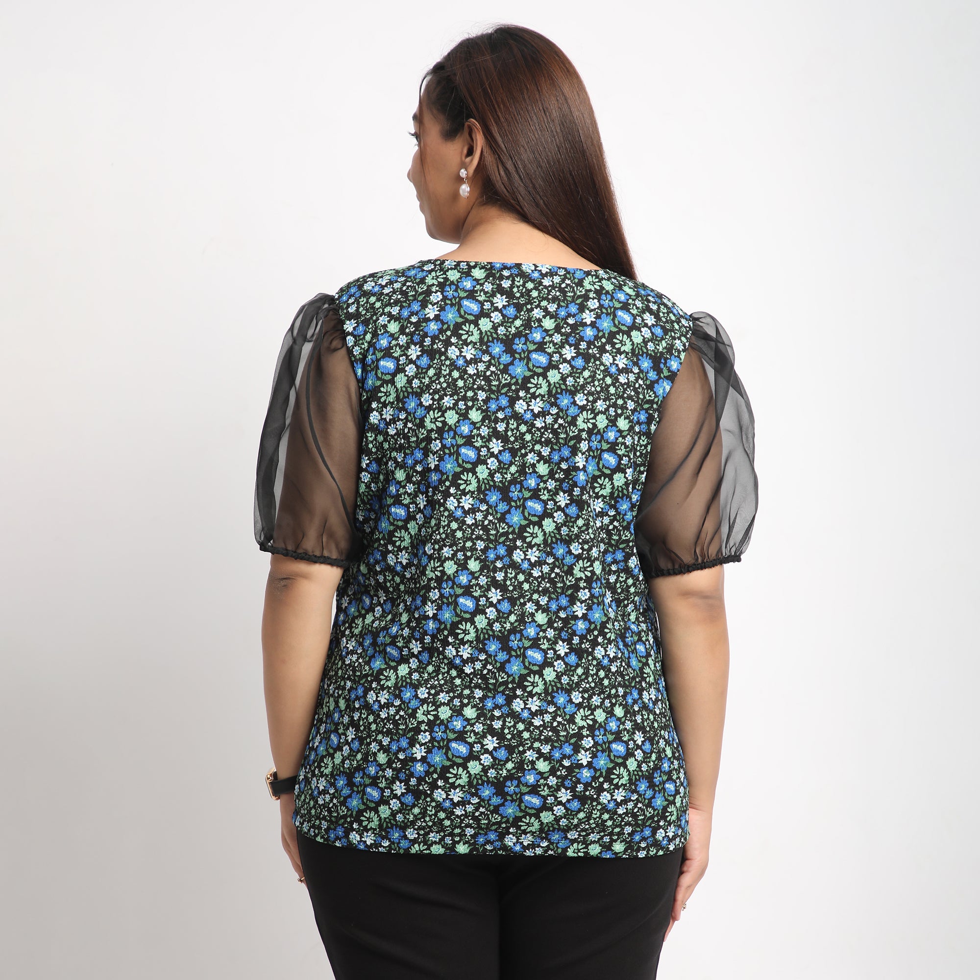 Blue Ditsy Floral Square Neck Textured Top with Organza Sleeves