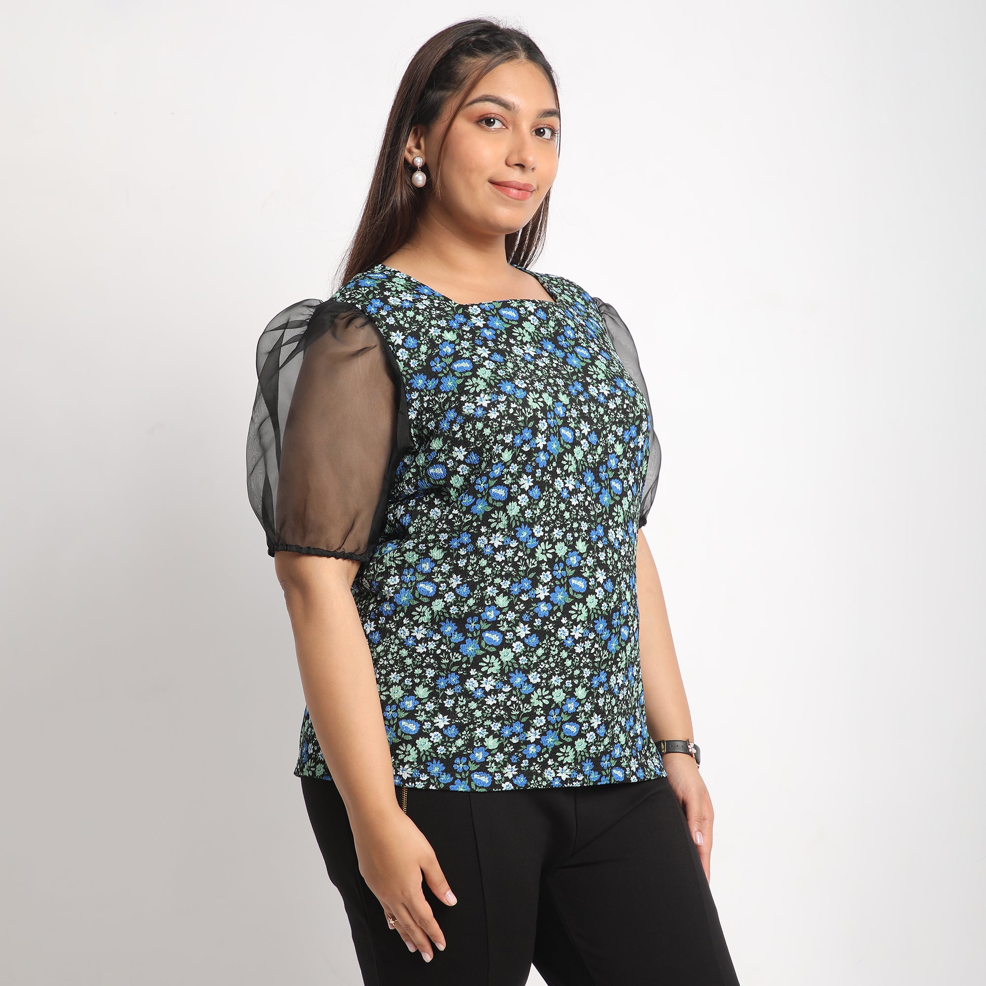 Blue Ditsy Floral Square Neck Textured Top with Organza Sleeves