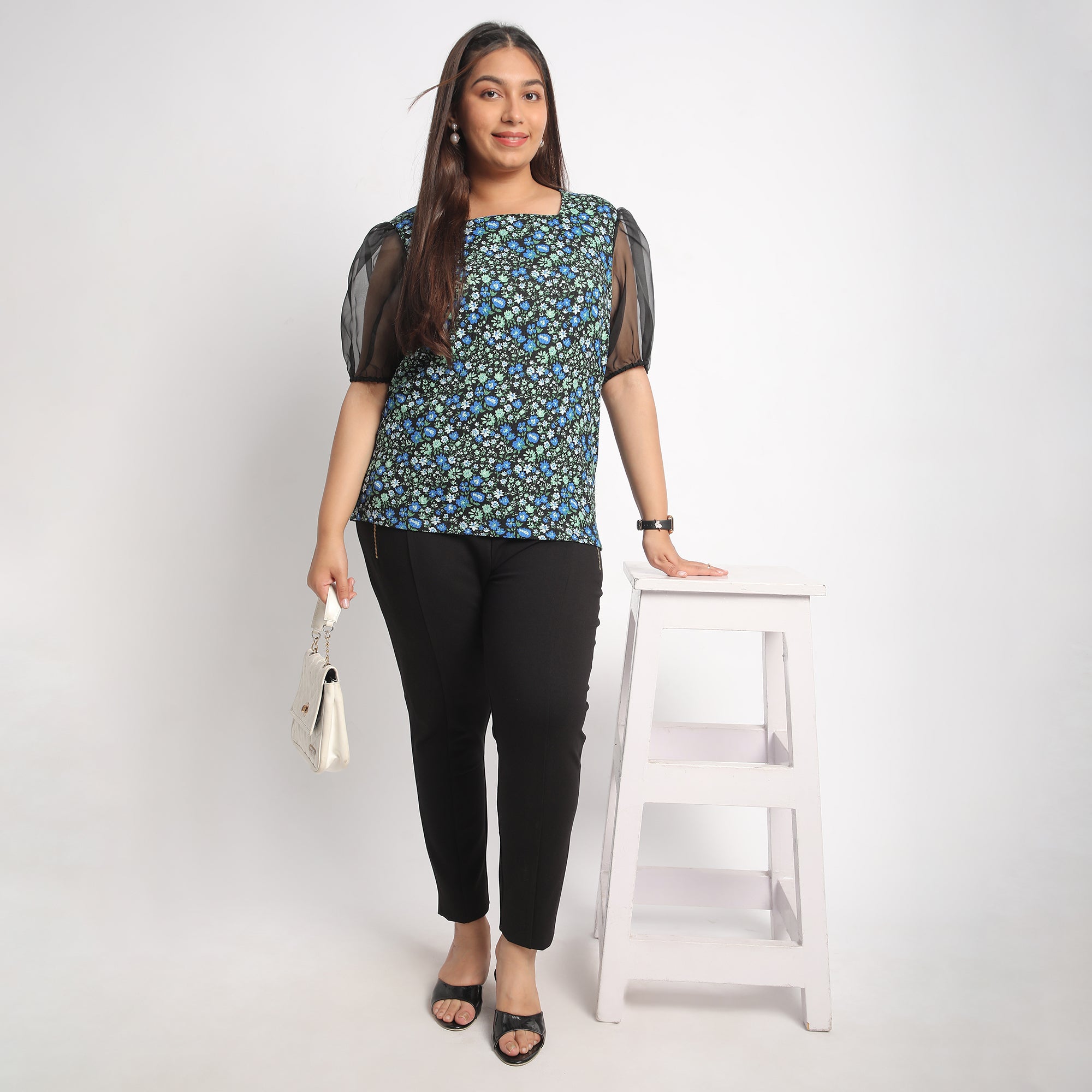 Blue Ditsy Floral Square Neck Textured Top with Organza Sleeves