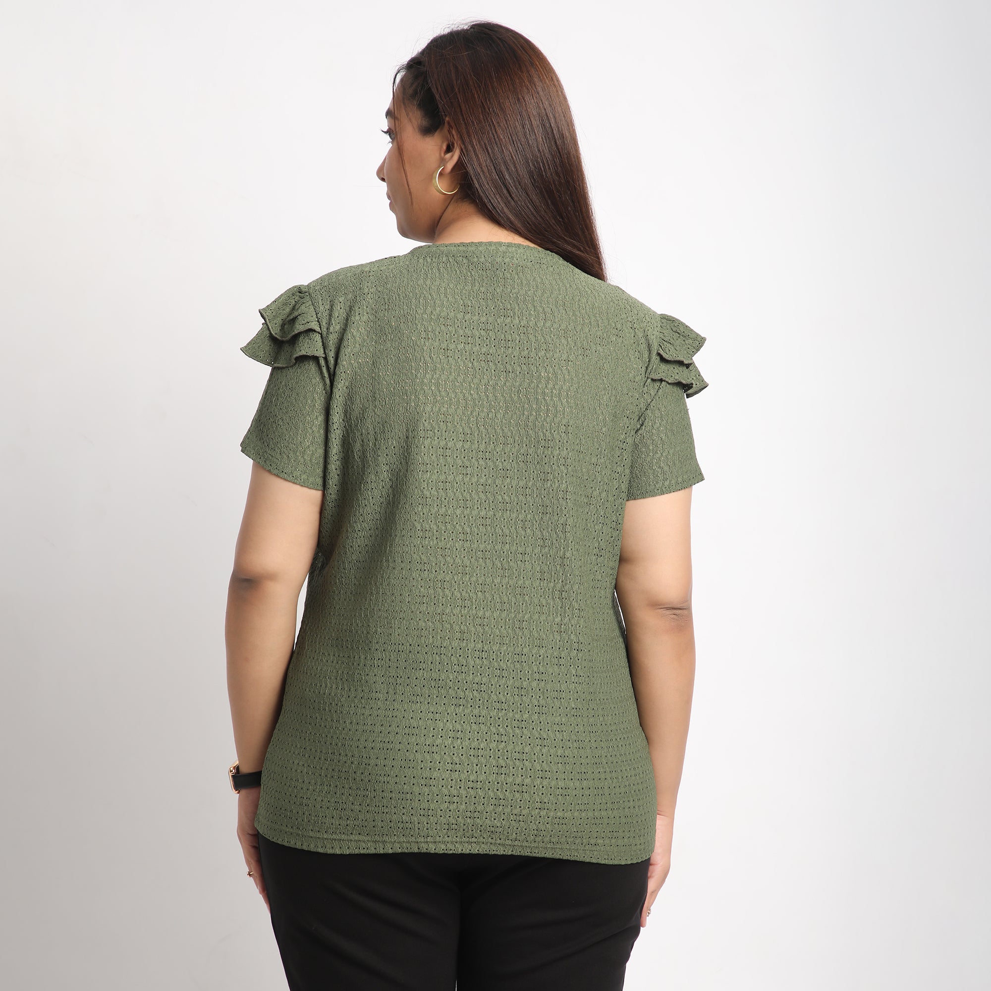 Green Cutwork Knit  Plus Size Top with Layered Sleeves