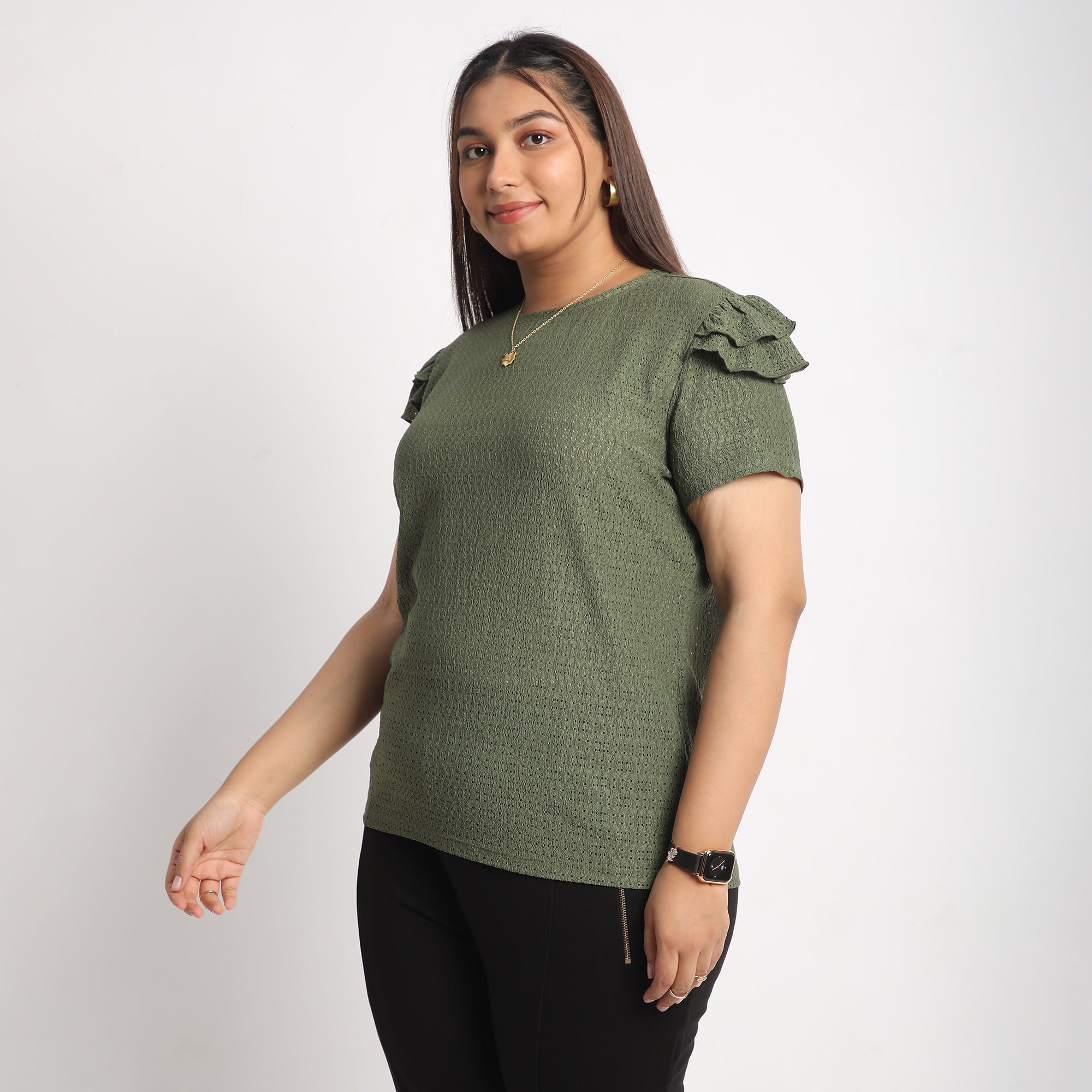 Green Cutwork Knit  Plus Size Top with Layered Sleeves