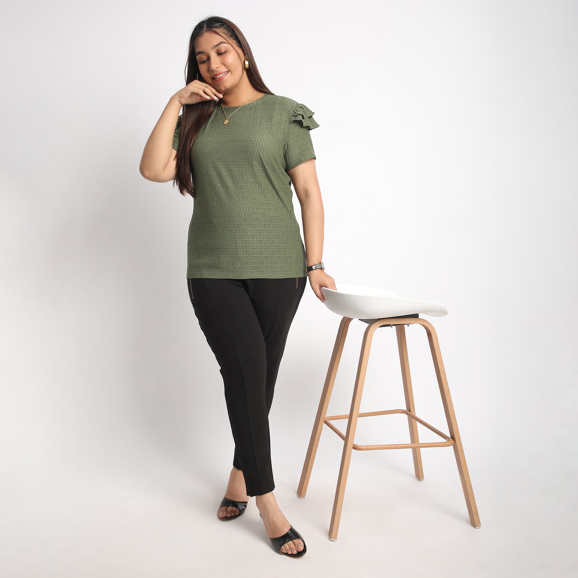 Green Cutwork Knit  Plus Size Top with Layered Sleeves