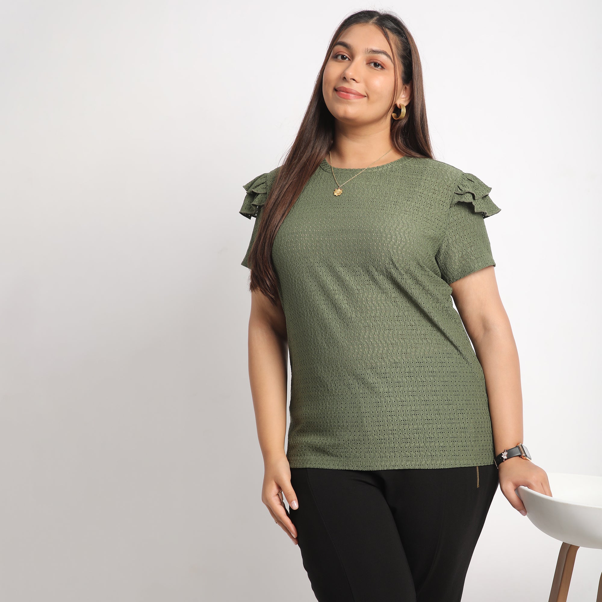 Green Cutwork Knit  Plus Size Top with Layered Sleeves