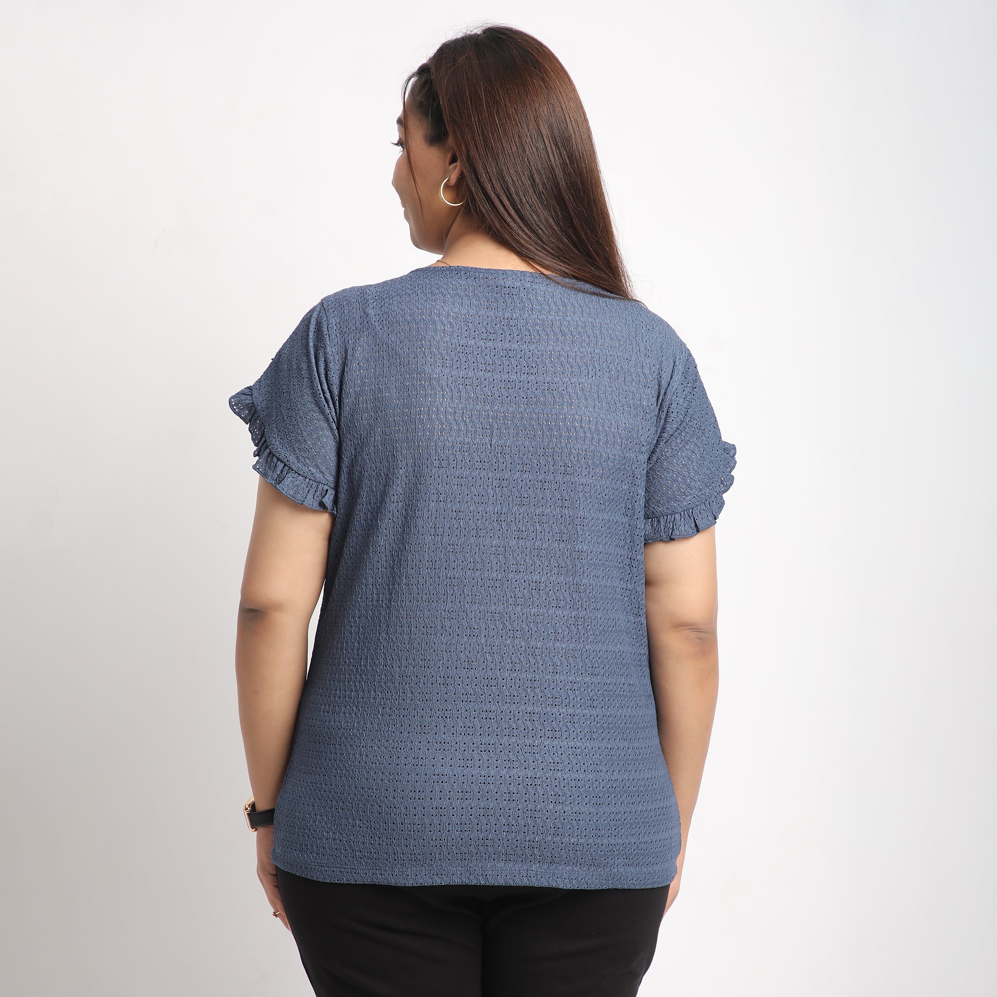 Blue Cutwork Knit  Plus Size Top with Ruffle Sleeve