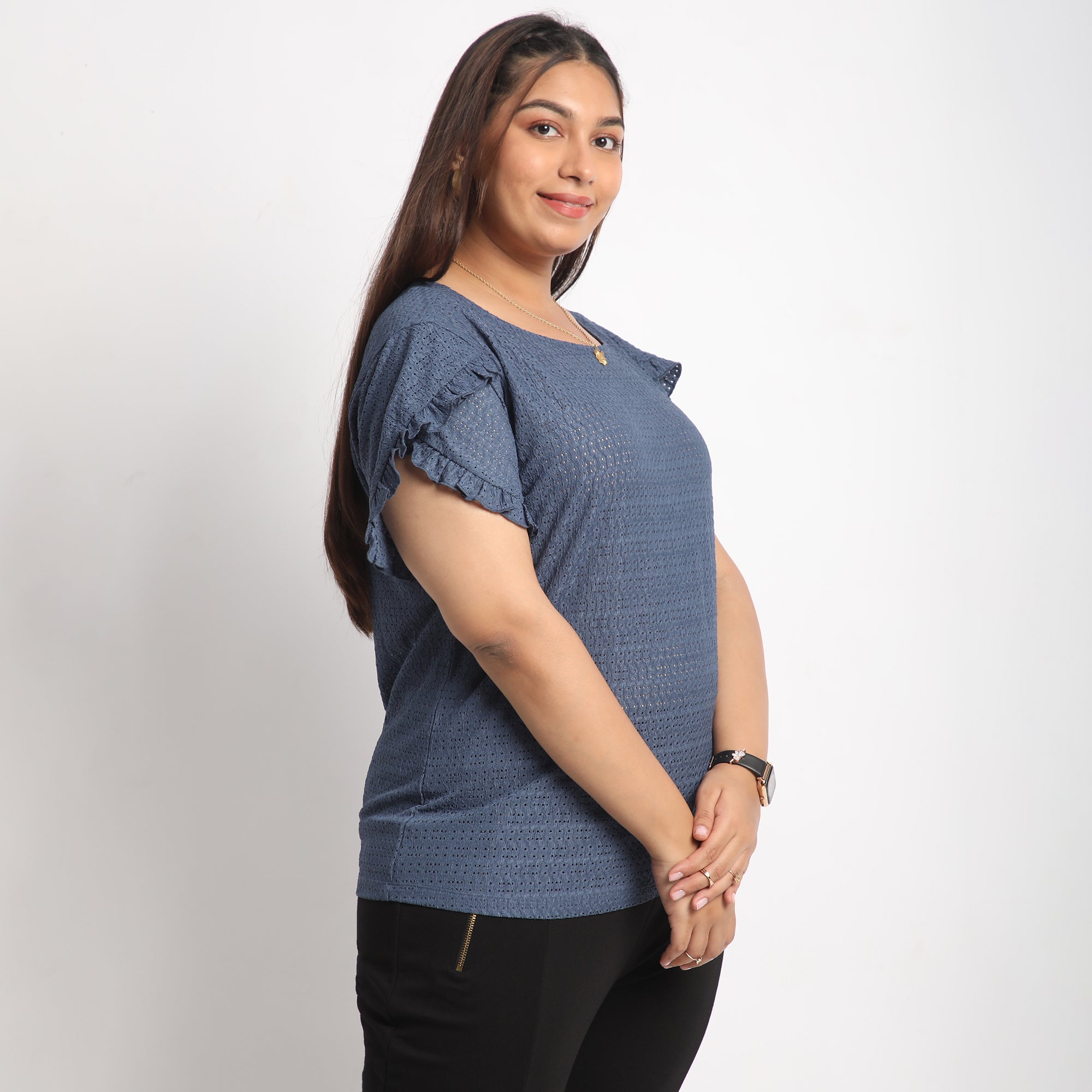 Blue Cutwork Knit  Plus Size Top with Ruffle Sleeve