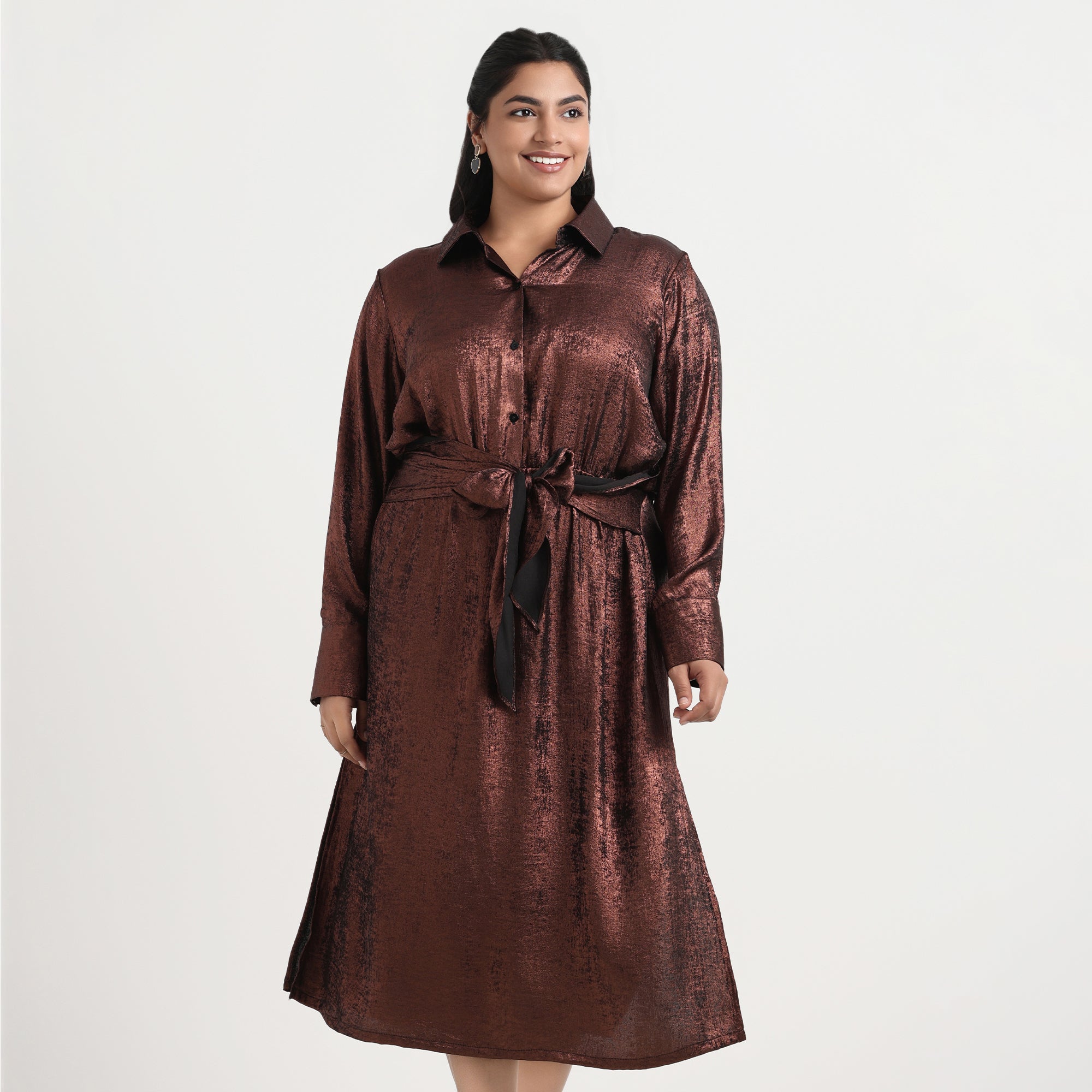 Foil-printed shirt dress with long sleeves in plus-size
