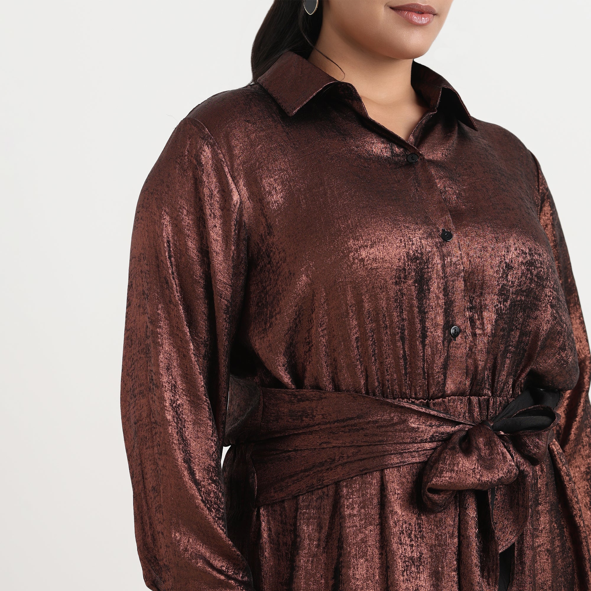 Metallic foil shirt dress, elegant plus size fashion
