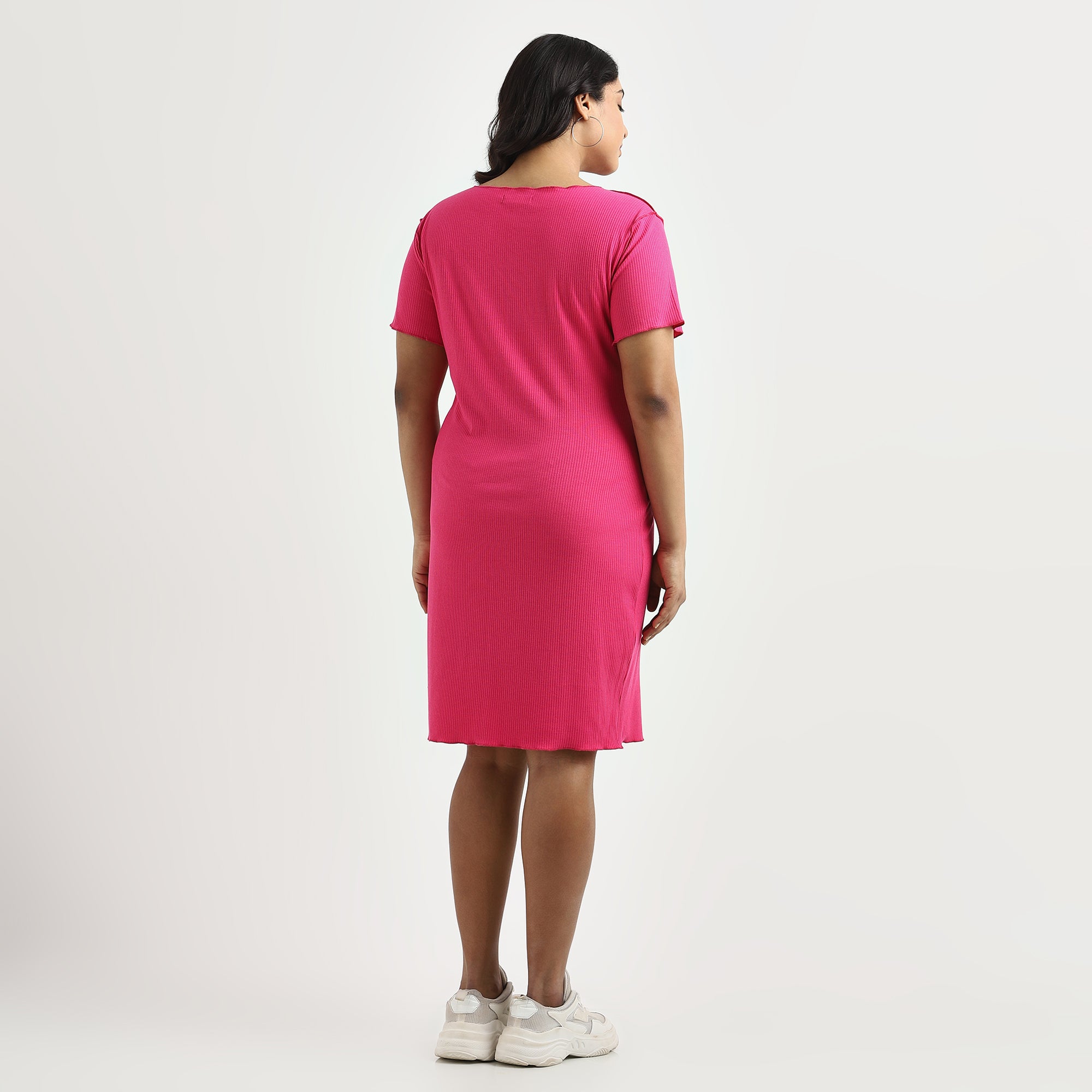 Fuchsia Rib Plus Size Dress with Overlocked Detail