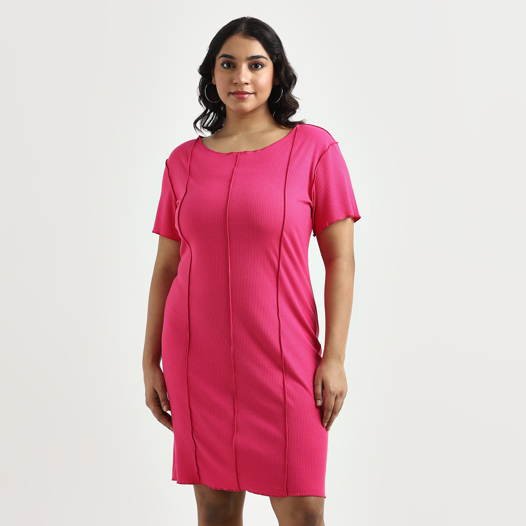 Fuchsia Rib Plus Size Dress with Overlocked Detail