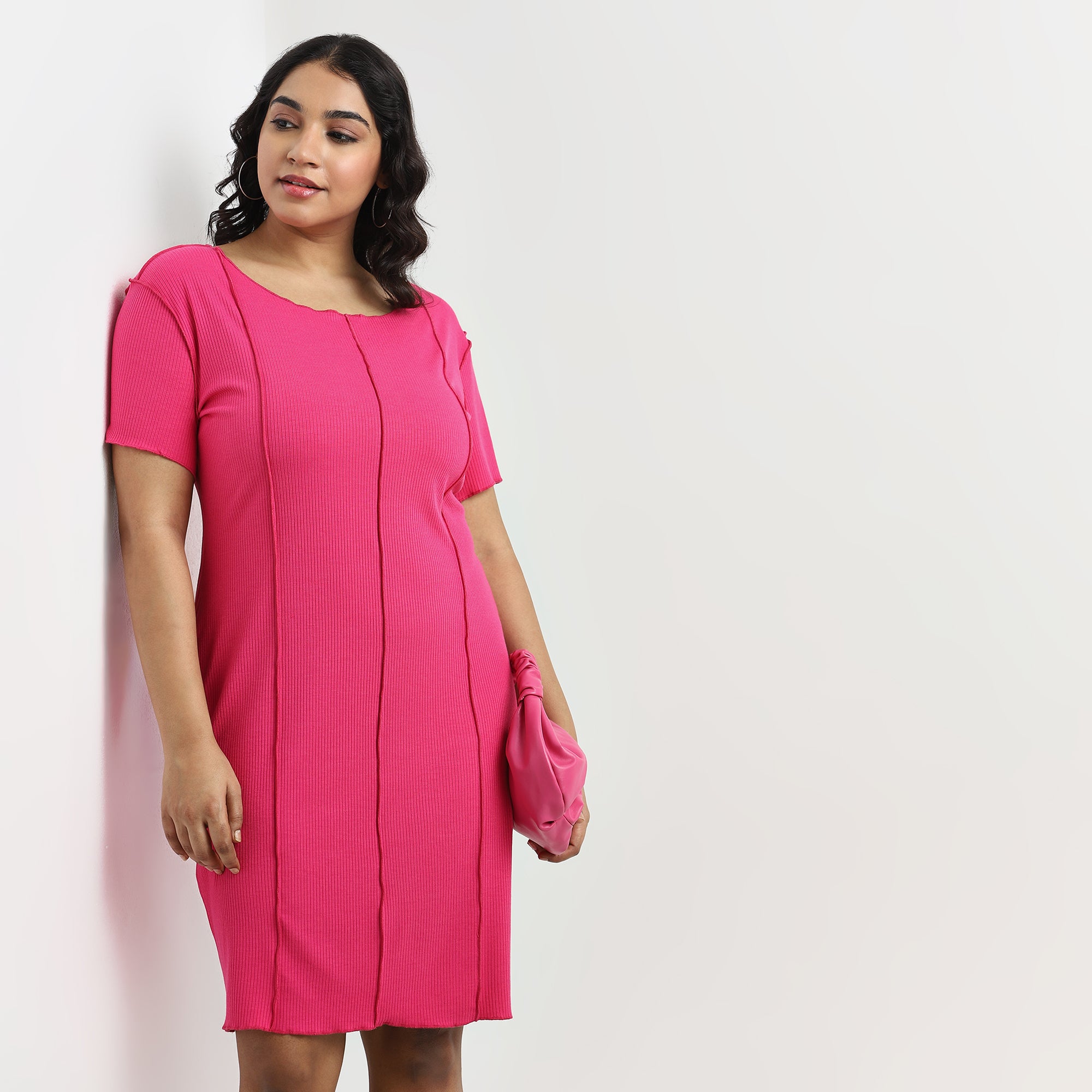 Fuchsia Rib Plus Size Dress with Overlocked Detail