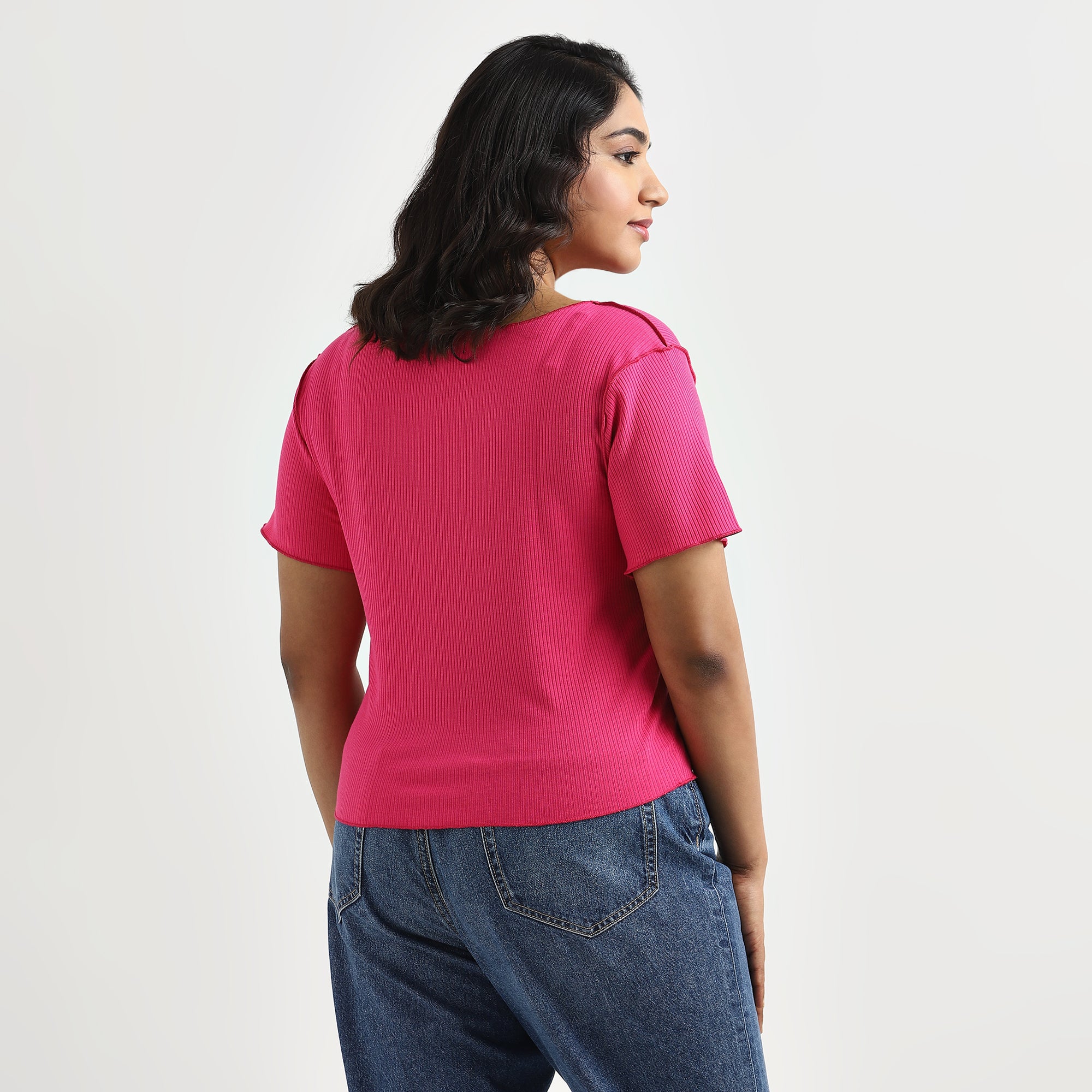 Fuchsia Rib Plus Size Top with Overlocked Detail