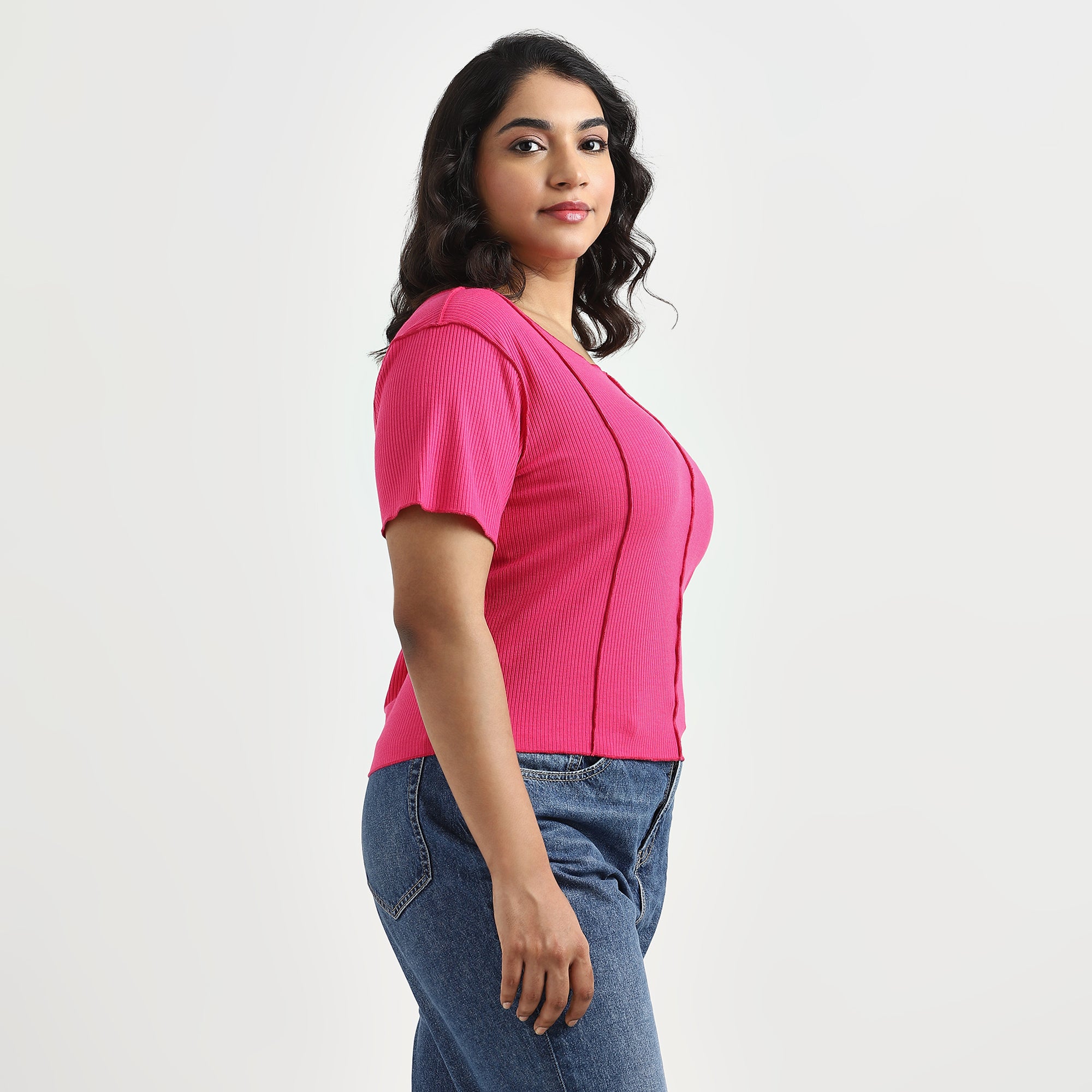 Fuchsia Rib Plus Size Top with Overlocked Detail