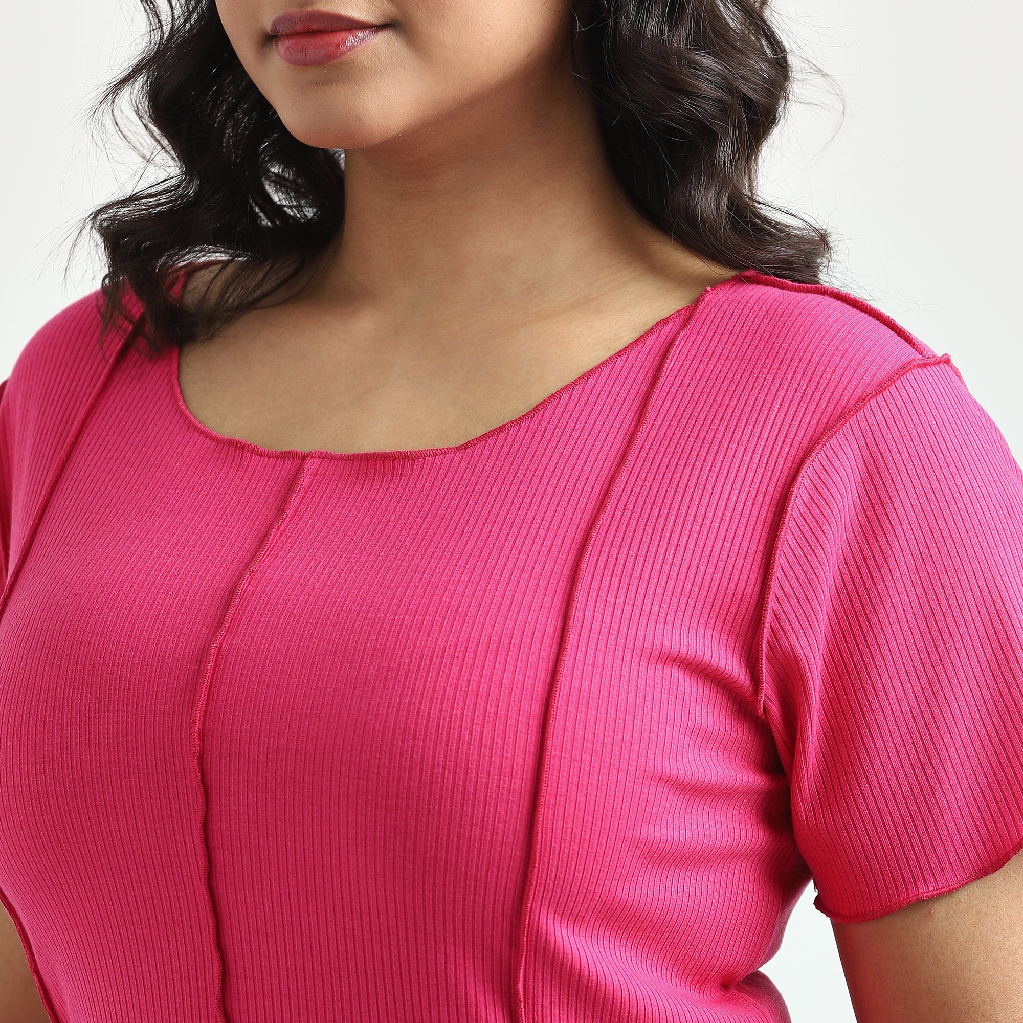 Fuchsia Rib Plus Size Top with Overlocked Detail