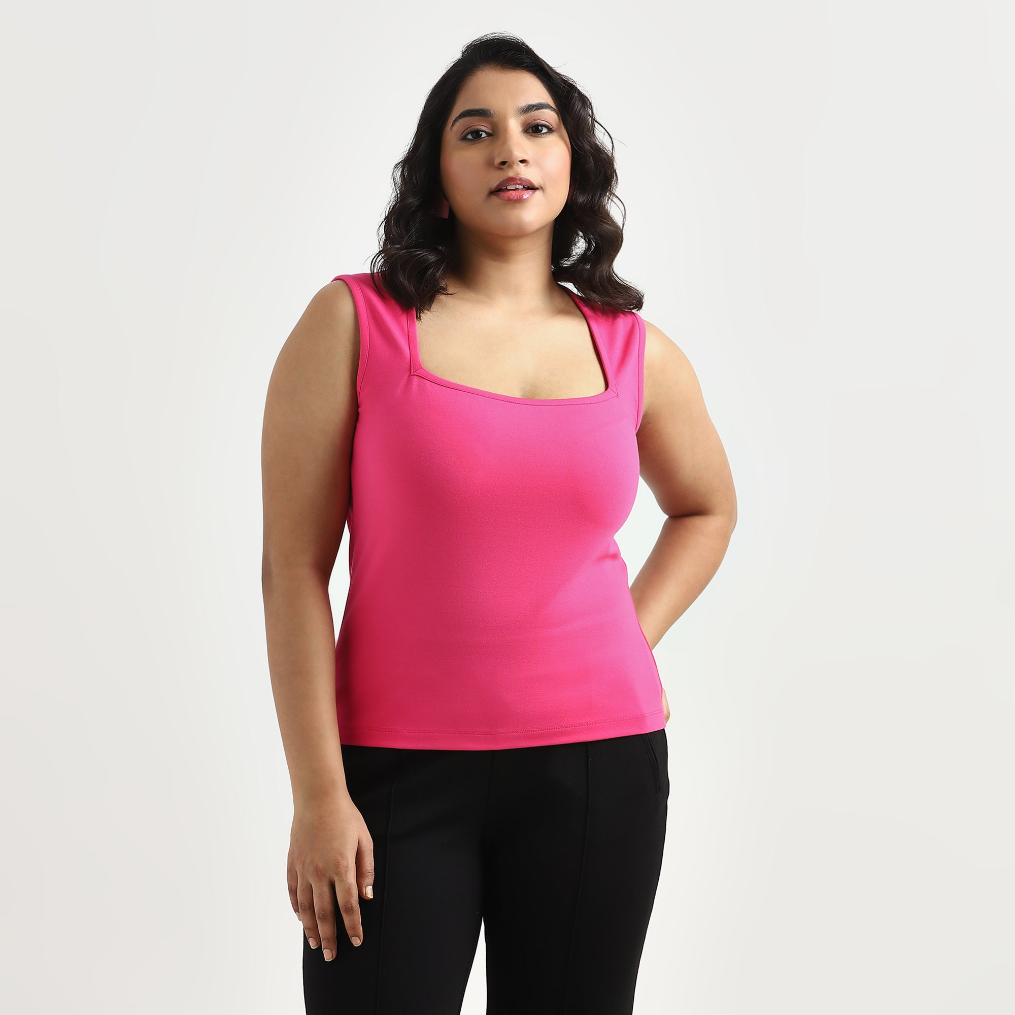 Image showcasing women in Fuchsia Plus Size Square Neck Top