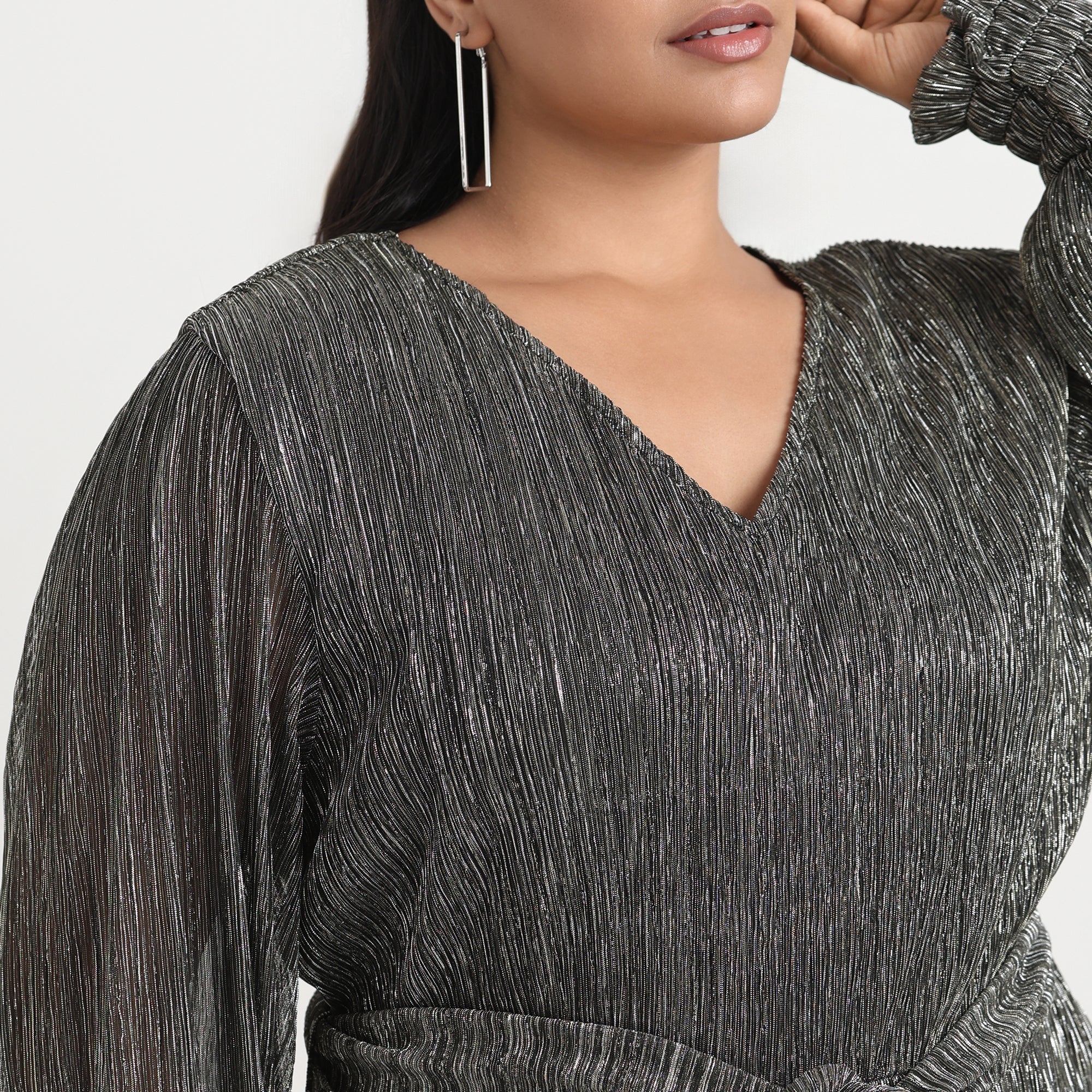 Silver pleated top with metallic shine, elegant plus size evening wear
