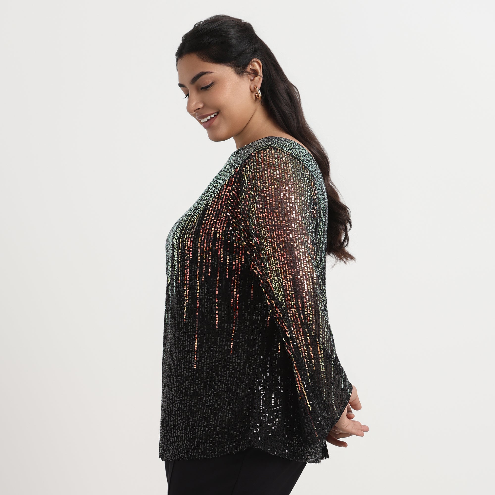 Gold pleated top with a luxurious shimmer and wide, comfortable fit for plus sizes.
