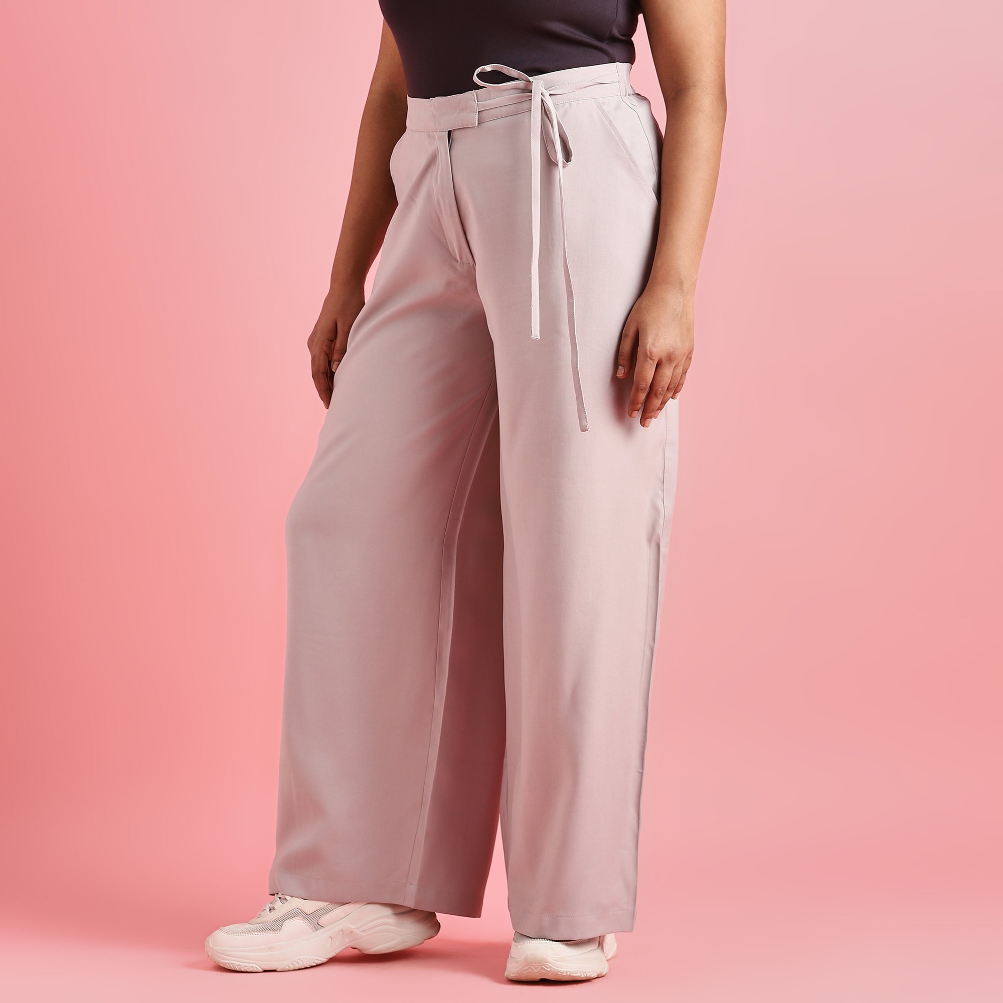 Gray Plus Size Tie-Up Wide-Leg Pants