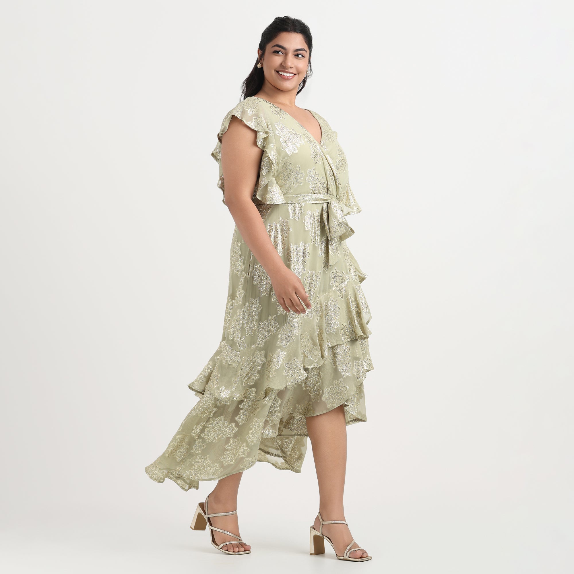 Lurex burnout ruffled dress with a unique pattern, designed for plus-size women
