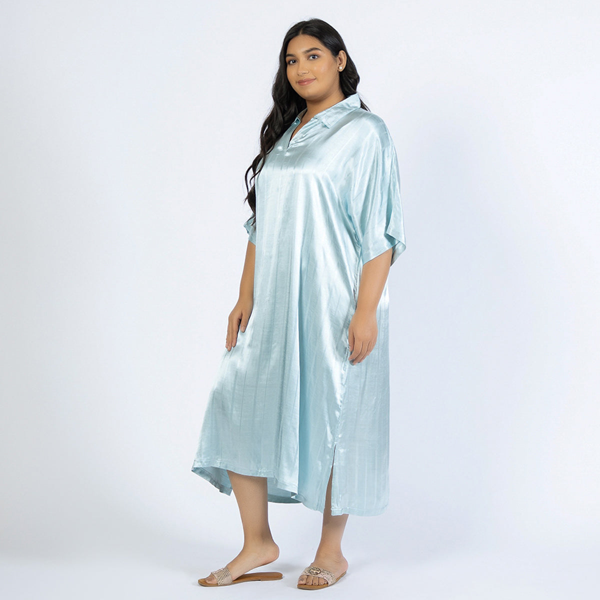 Light Blue Plus Size Viscose Jacquard Collared Kaftan Product Image 1