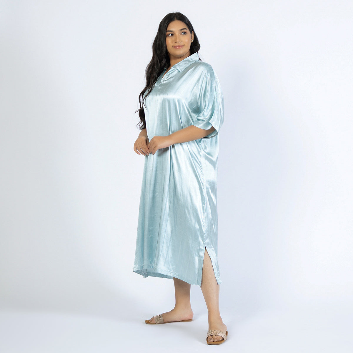 Light Blue Plus Size Viscose Jacquard Collared Kaftan Product Image 2