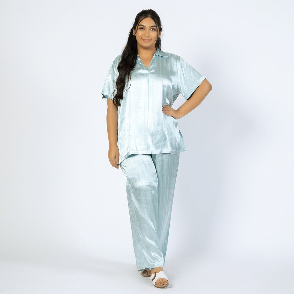 Light Blue Viscose Jacquard Plus Size PJ set Product Image 1