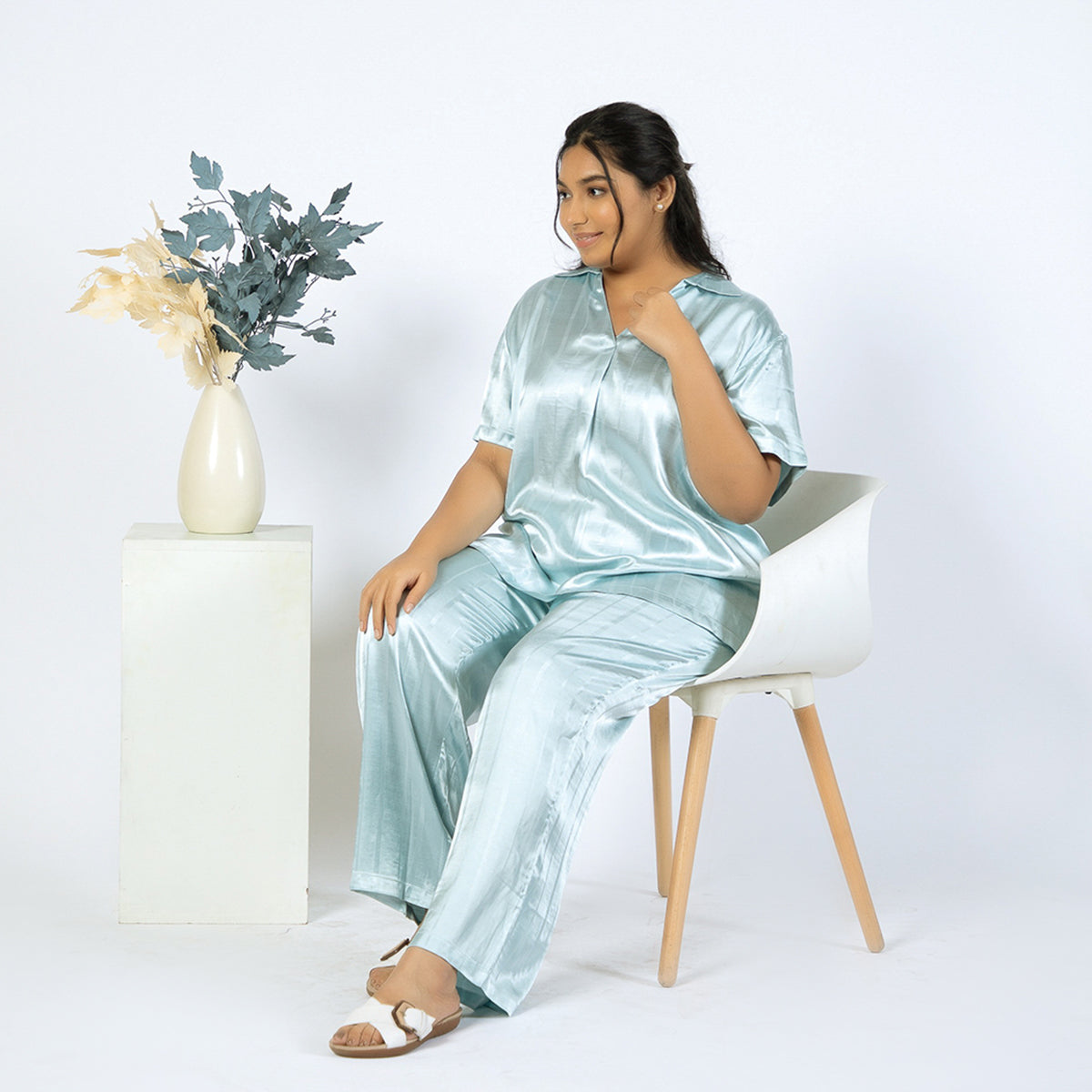 Light Blue Viscose Jacquard Plus Size PJ set Product Image 2