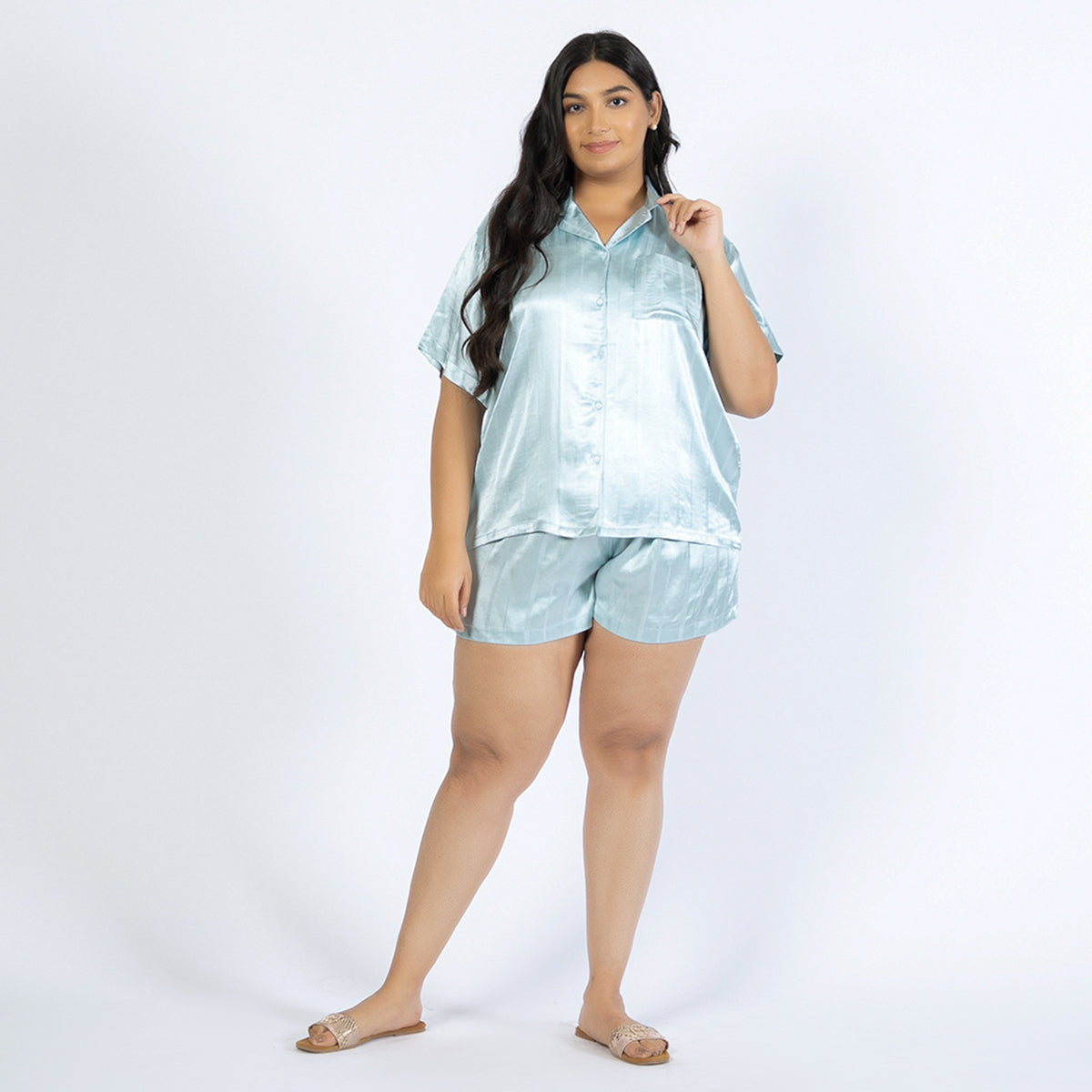 Light Blue Viscose Jacquard Plus Size Short Set Product Image 1