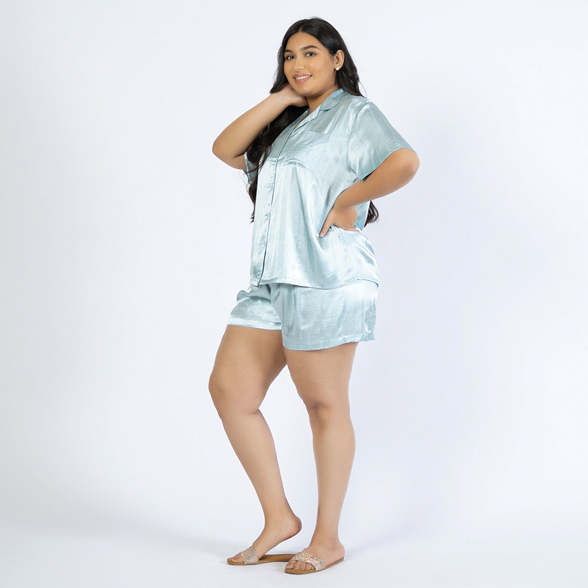 Light Blue Viscose Jacquard Plus Size Short Set Product Image 2